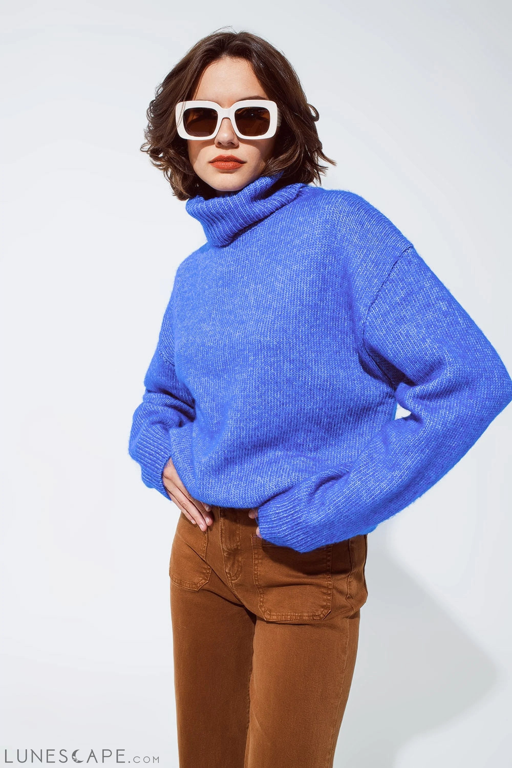 Light Blue Fluffy Sweater With Trutleneck LUNESCAPE