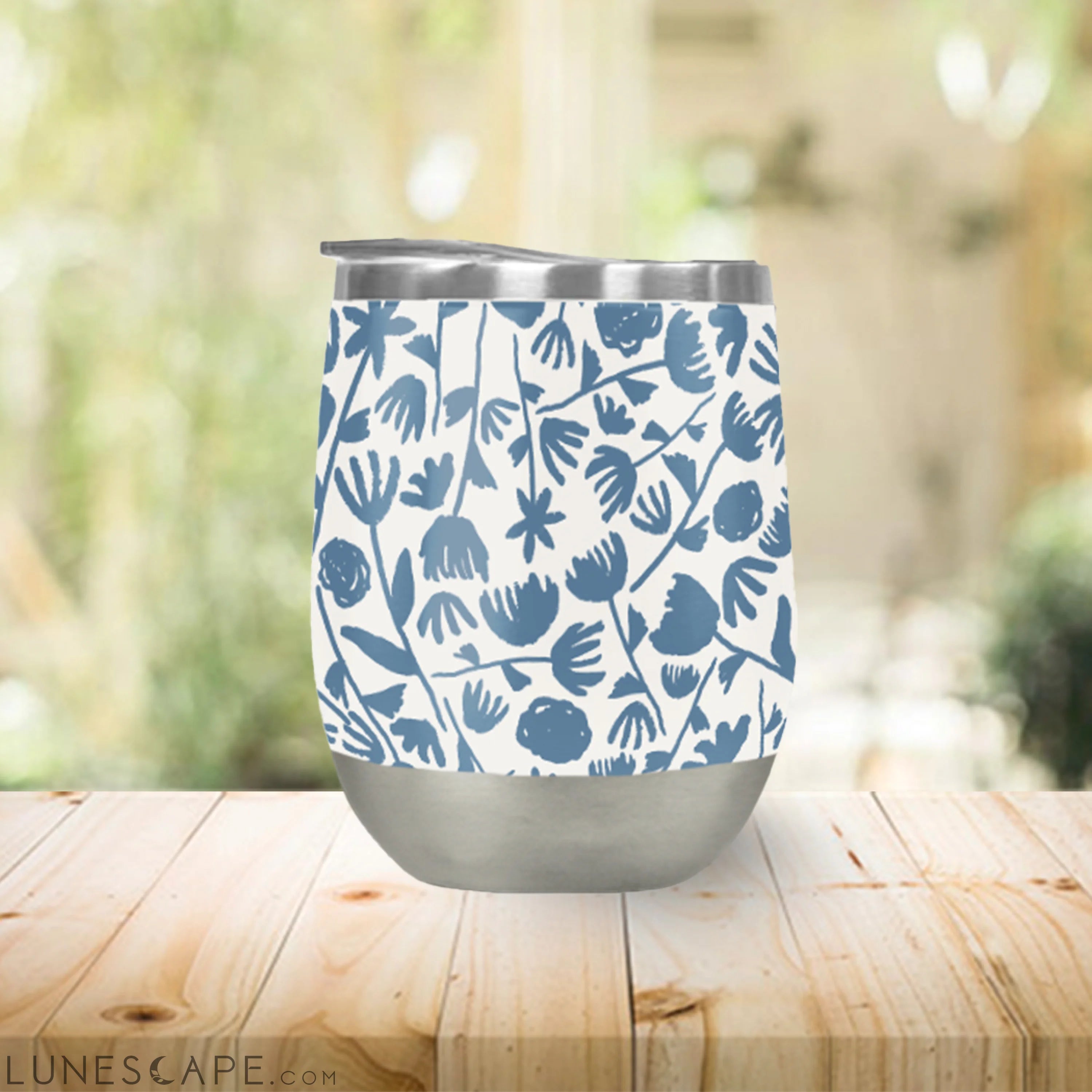Light Blue Ink Floral Wine Tumbler LUNESCAPE