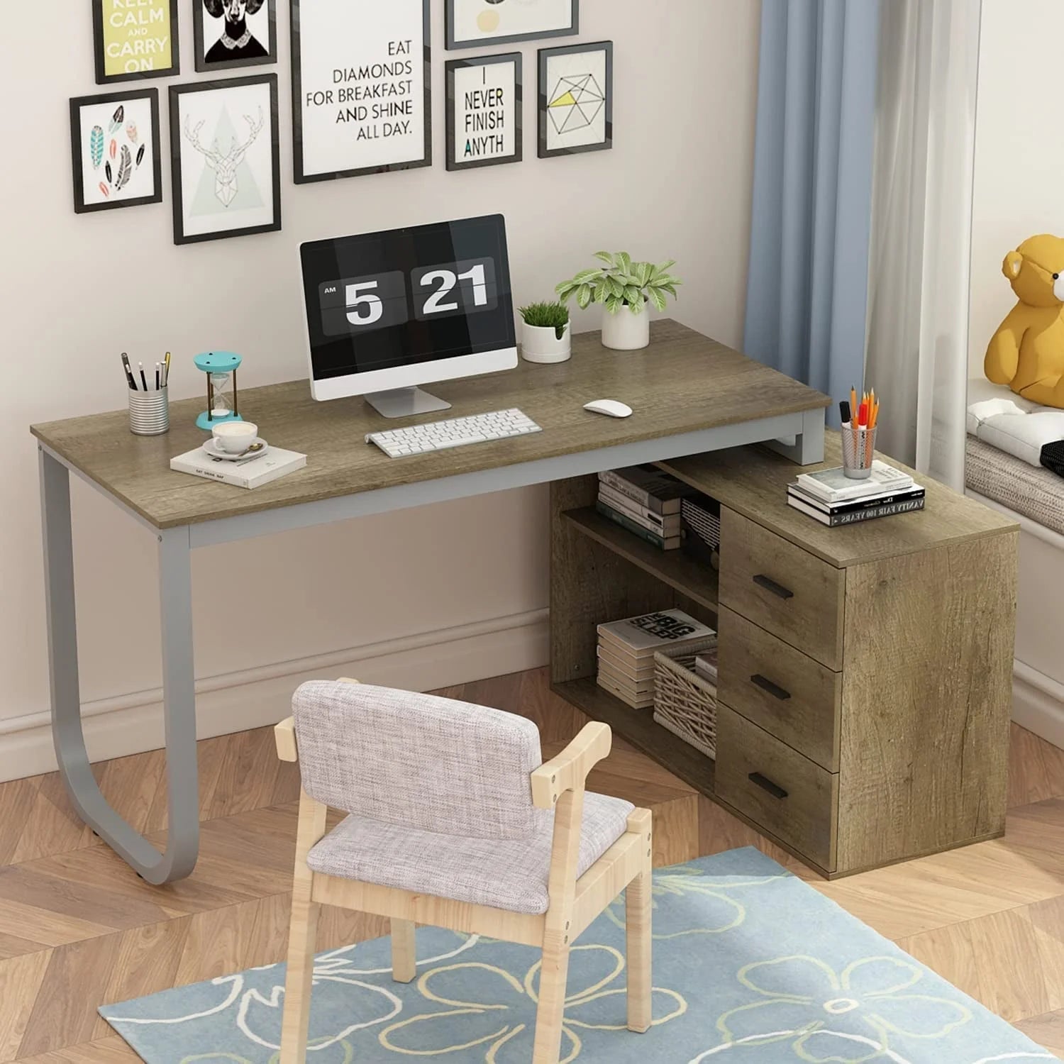 Light Brown L-Shaped Computer Desk LUNESCAPE