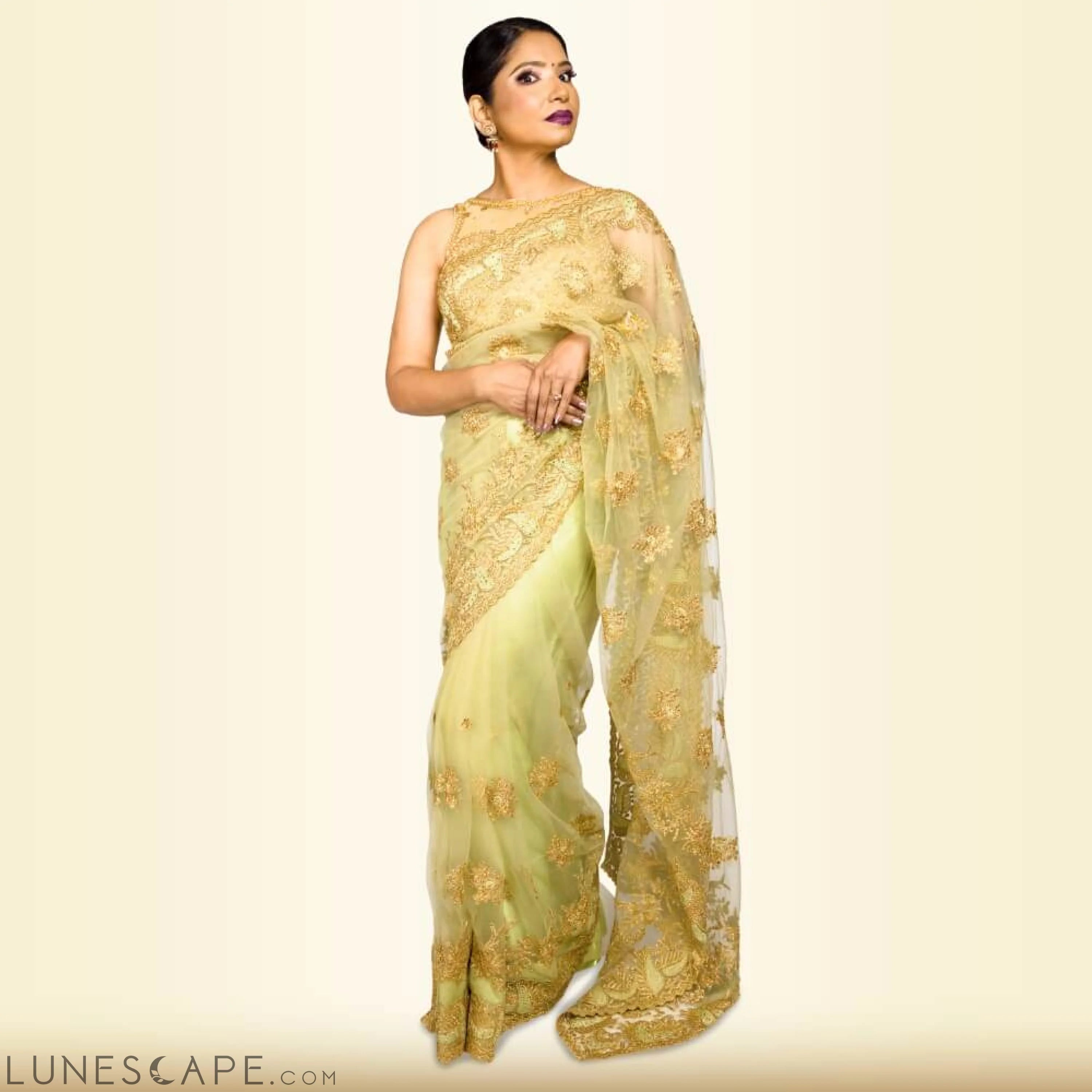 Light Weight Pure Net Embroidered Saree - Green LUNESCAPE