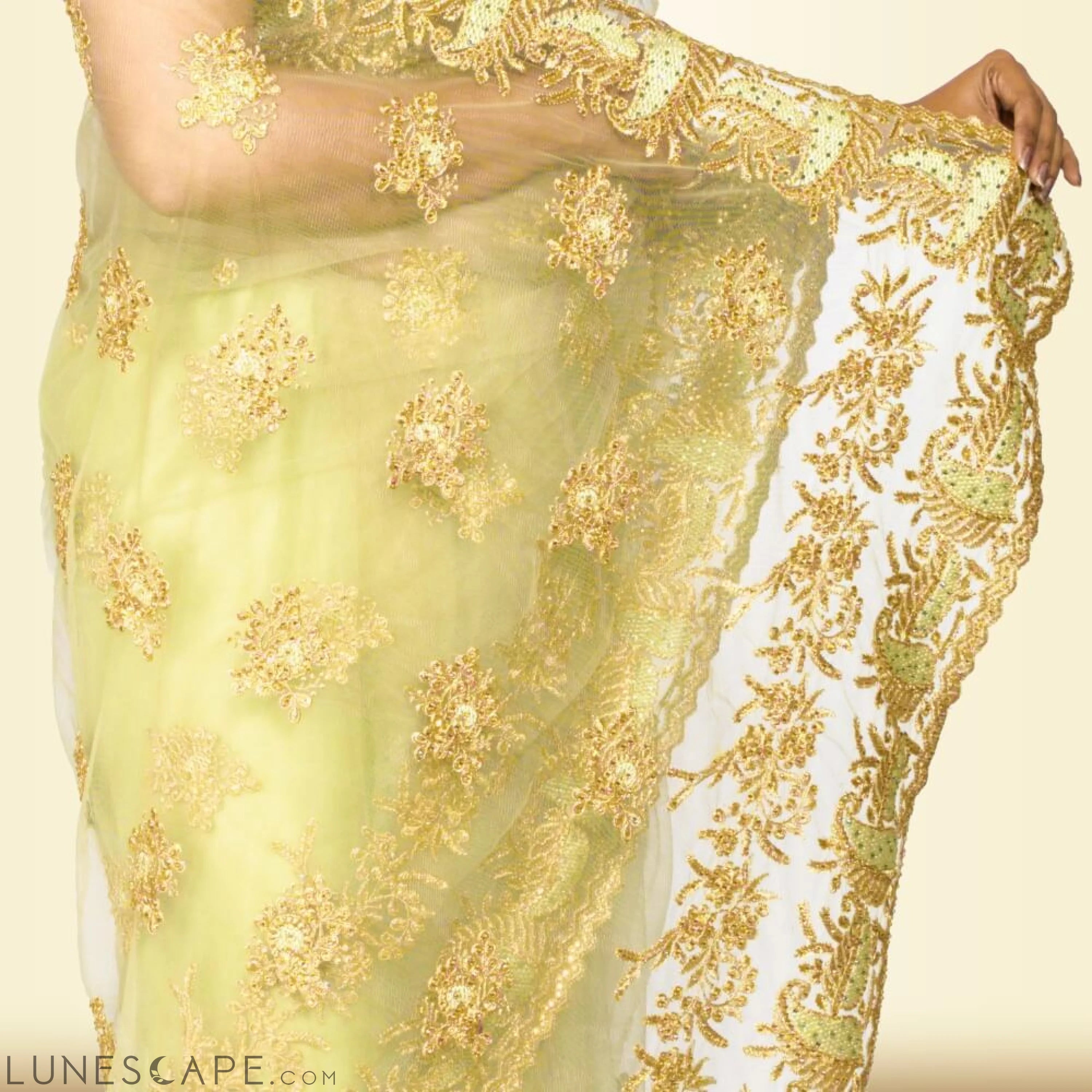 Light Weight Pure Net Embroidered Saree - Green LUNESCAPE