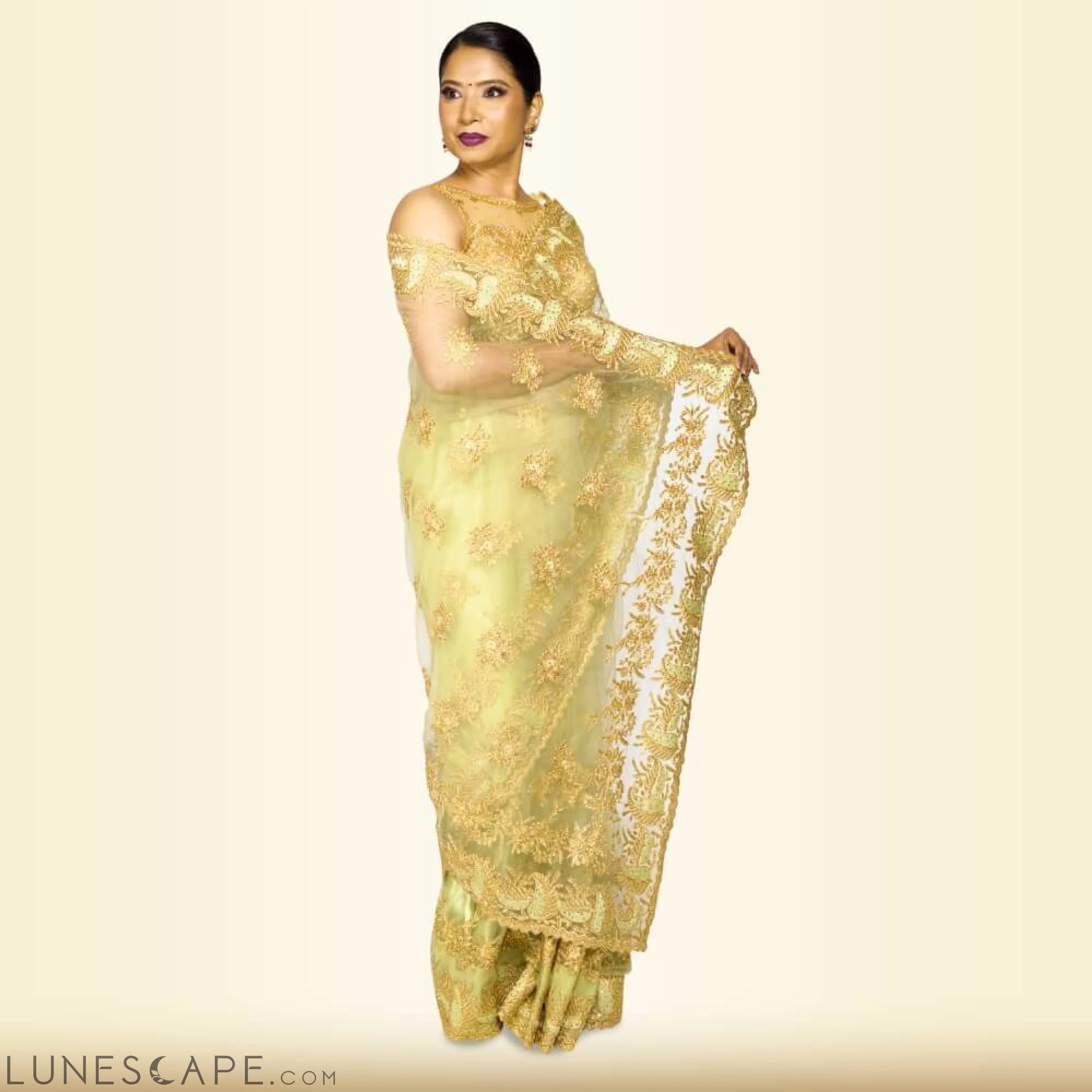 Light Weight Pure Net Embroidered Saree - Green LUNESCAPE