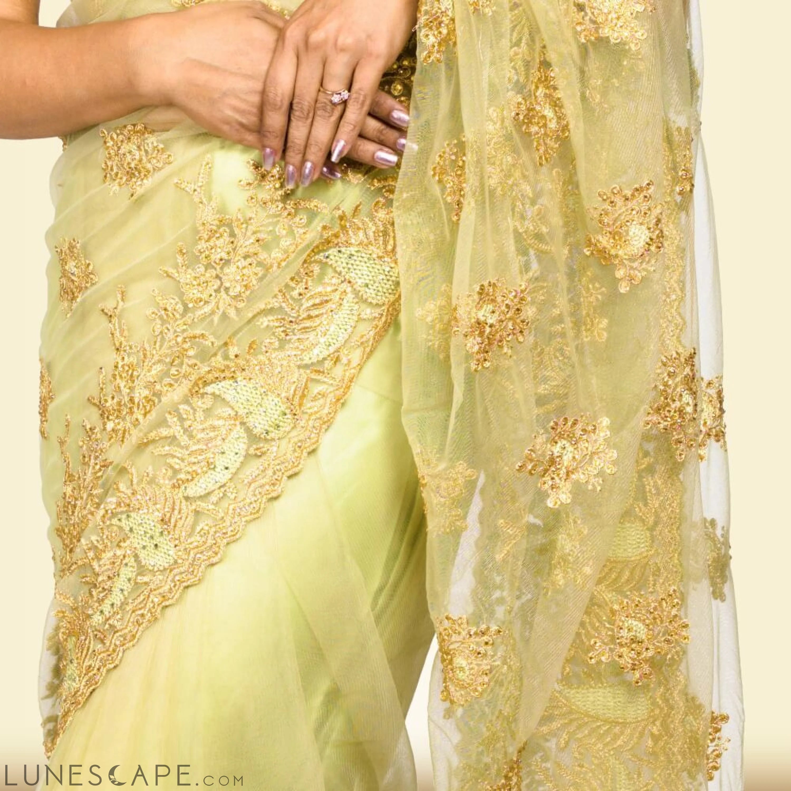 Light Weight Pure Net Embroidered Saree - Green LUNESCAPE
