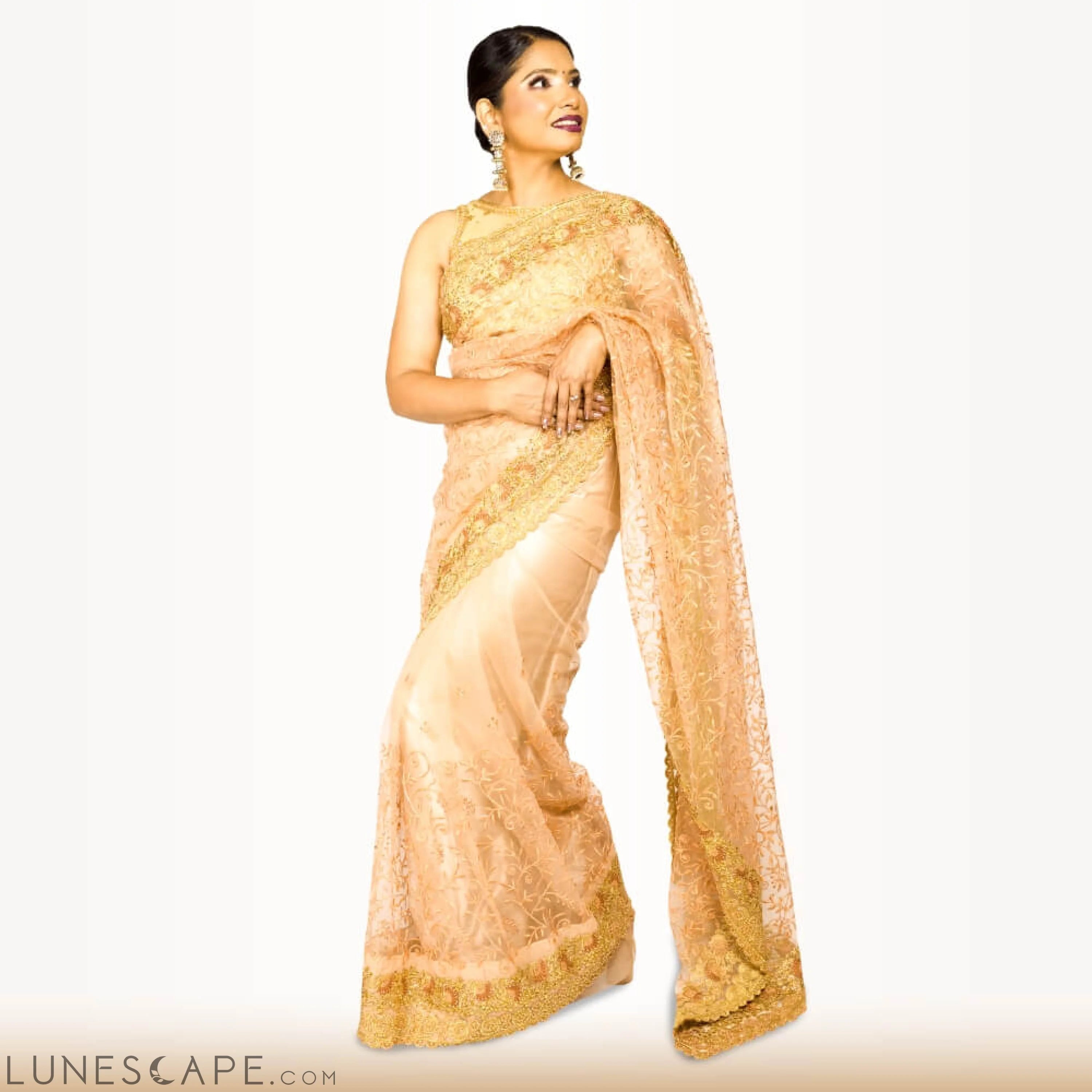 Light Weight Saree With Gold Border - Biege LUNESCAPE