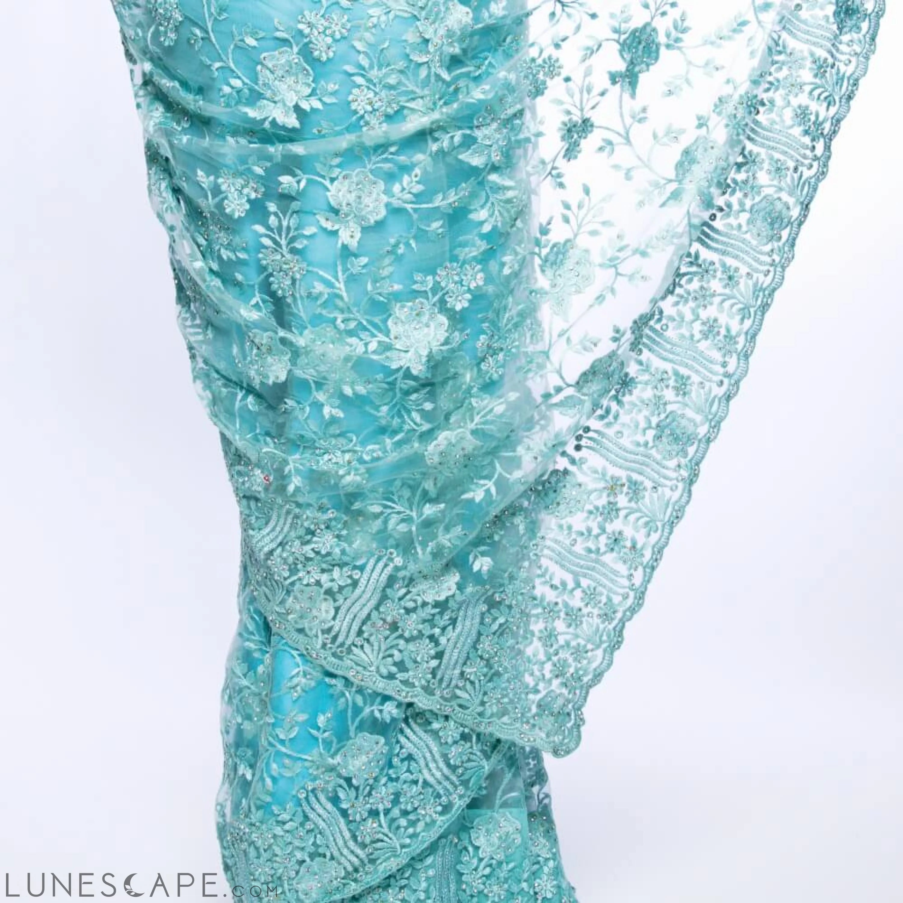 Lightweight Net Saree With Embroidery and Diamond Work LUNESCAPE