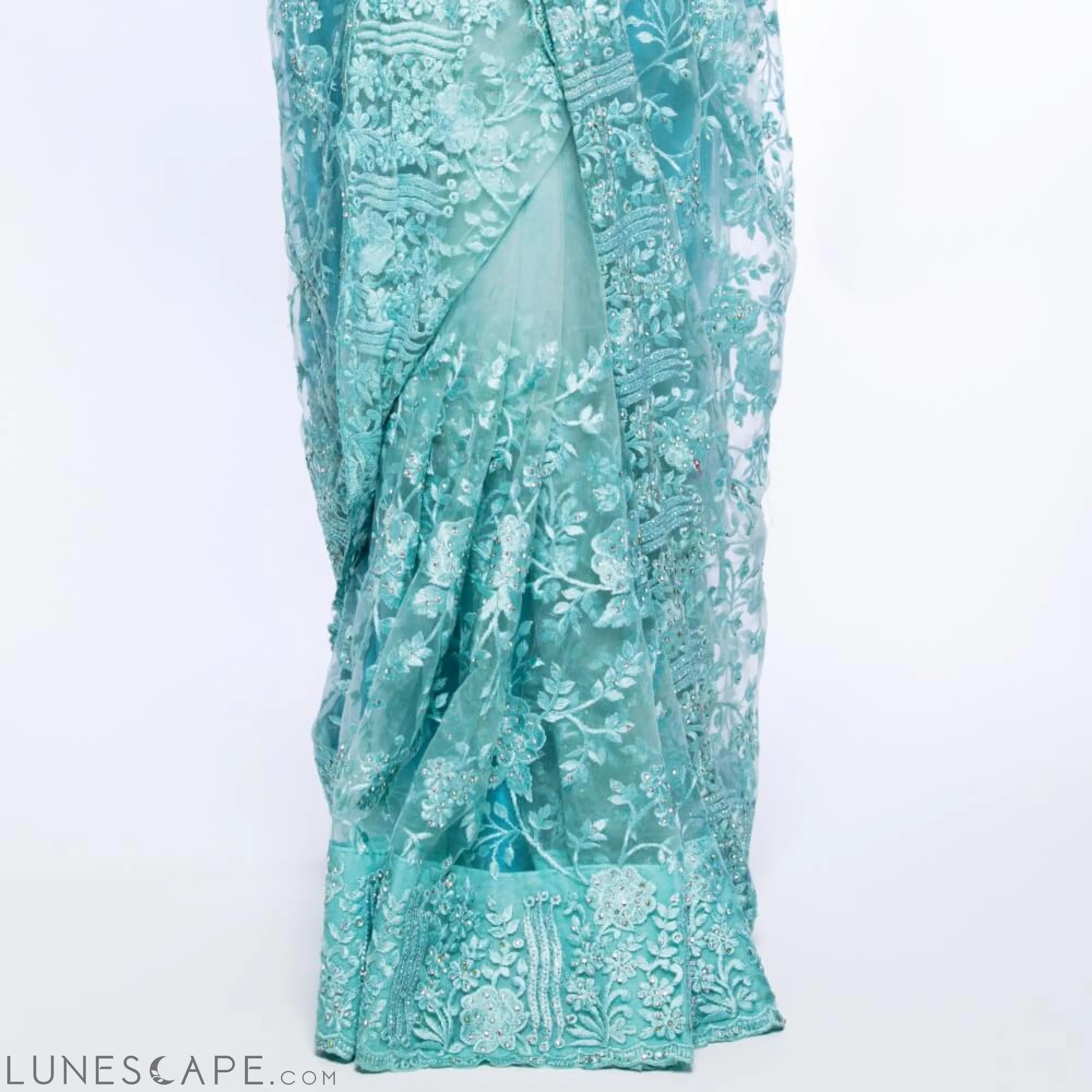 Lightweight Net Saree With Embroidery and Diamond Work LUNESCAPE