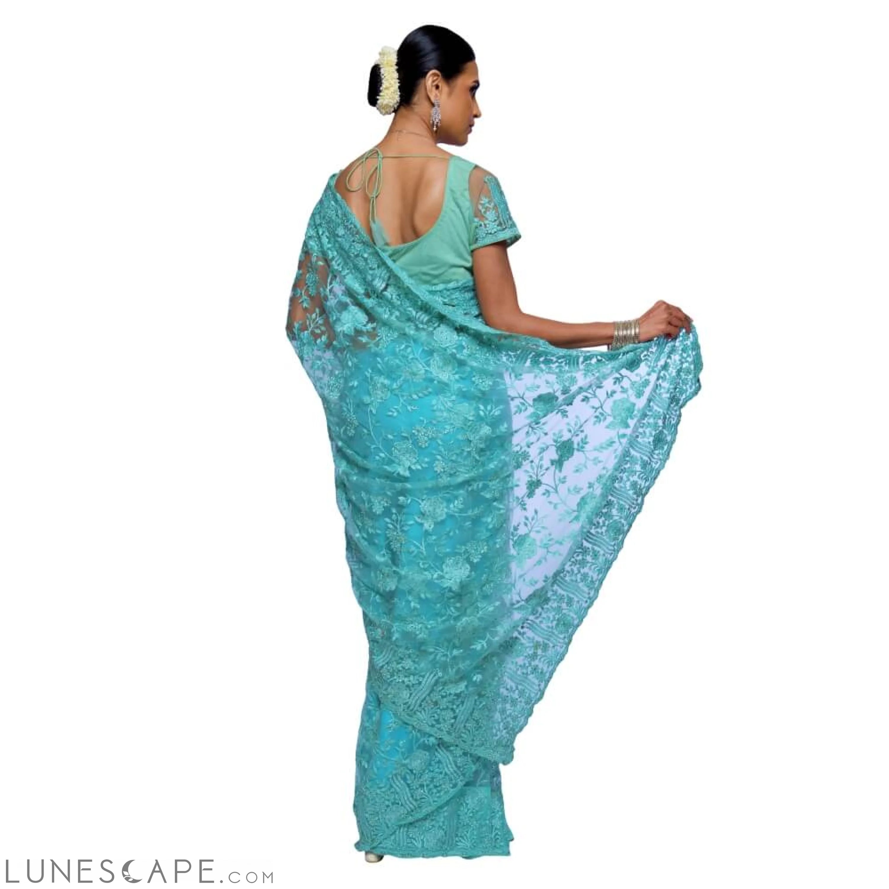 Lightweight Net Saree With Embroidery and Diamond Work LUNESCAPE