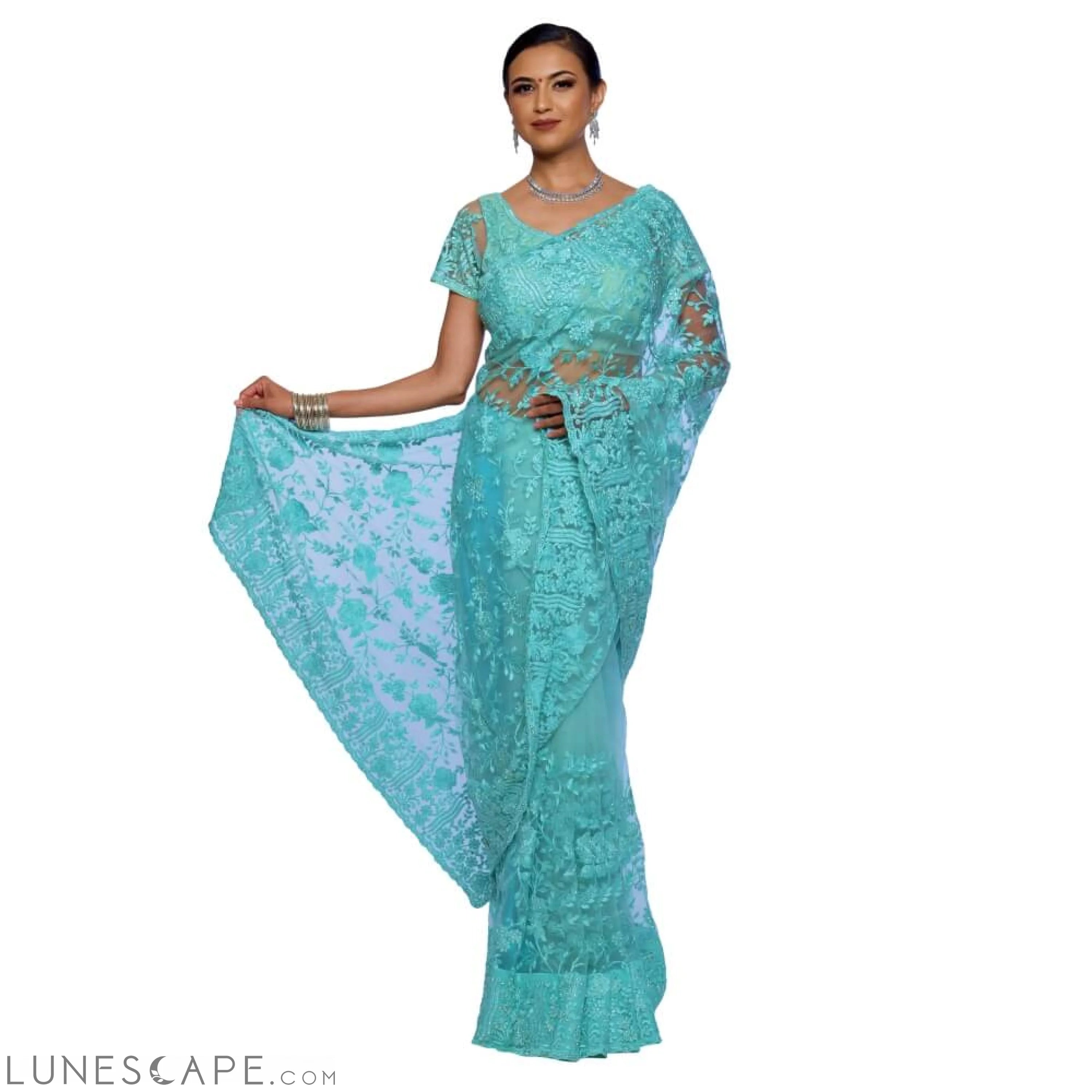 Lightweight Net Saree With Embroidery and Diamond Work LUNESCAPE