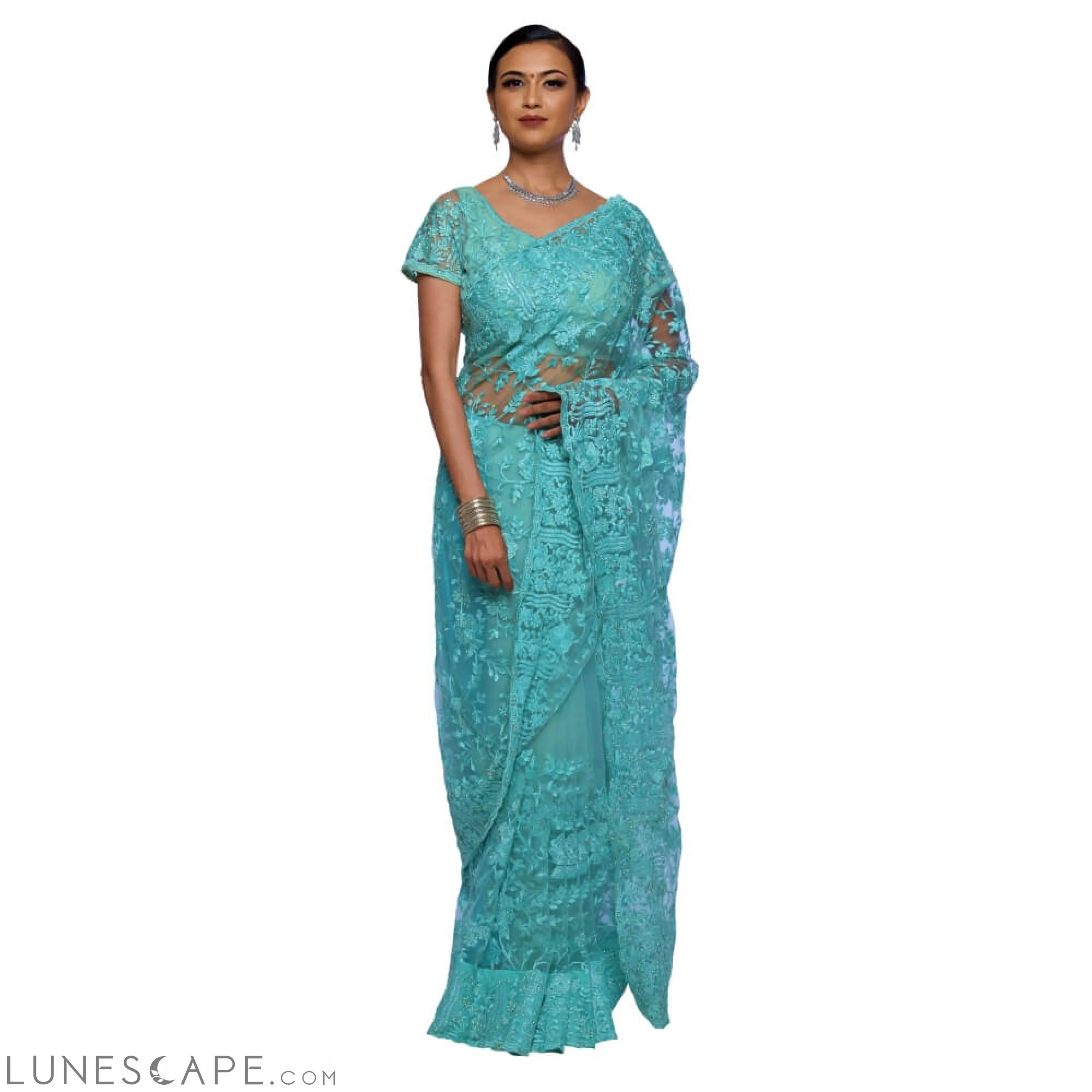 Lightweight Net Saree With Embroidery and Diamond Work LUNESCAPE