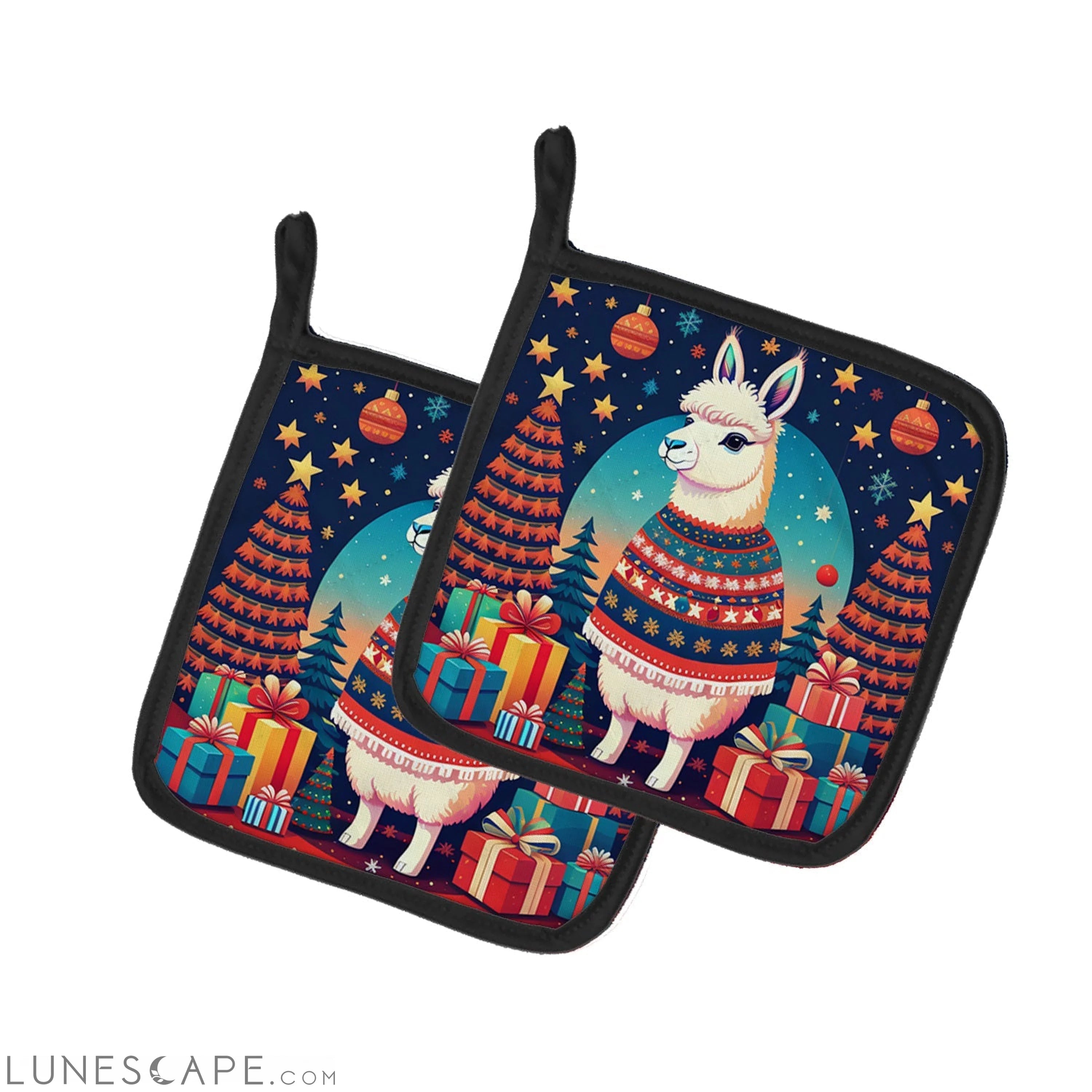 Llama Christmas Pair of Pot Holders LUNESCAPE