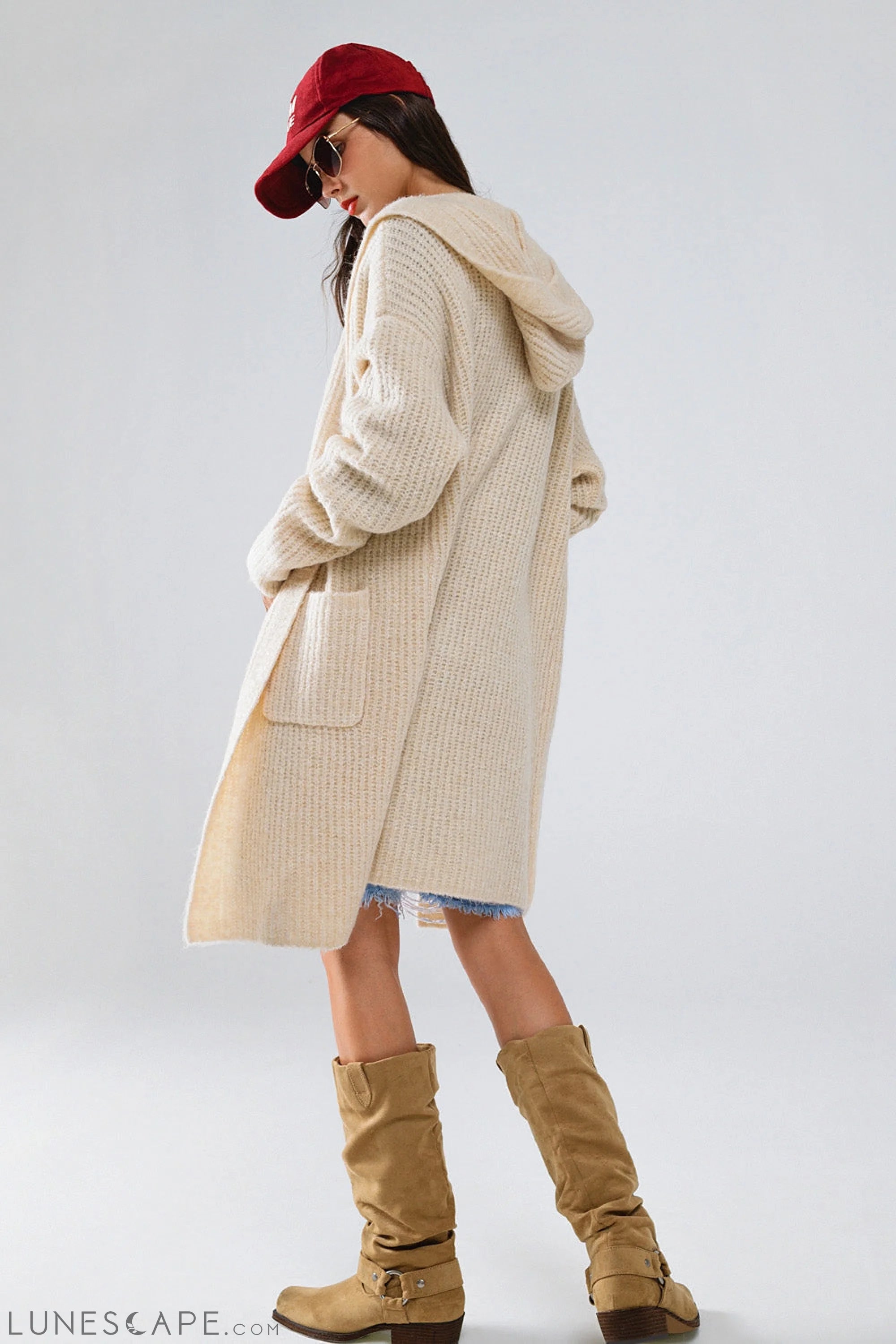 Long Ribbed Cardigan With Pockes and Hood in Cream LUNESCAPE