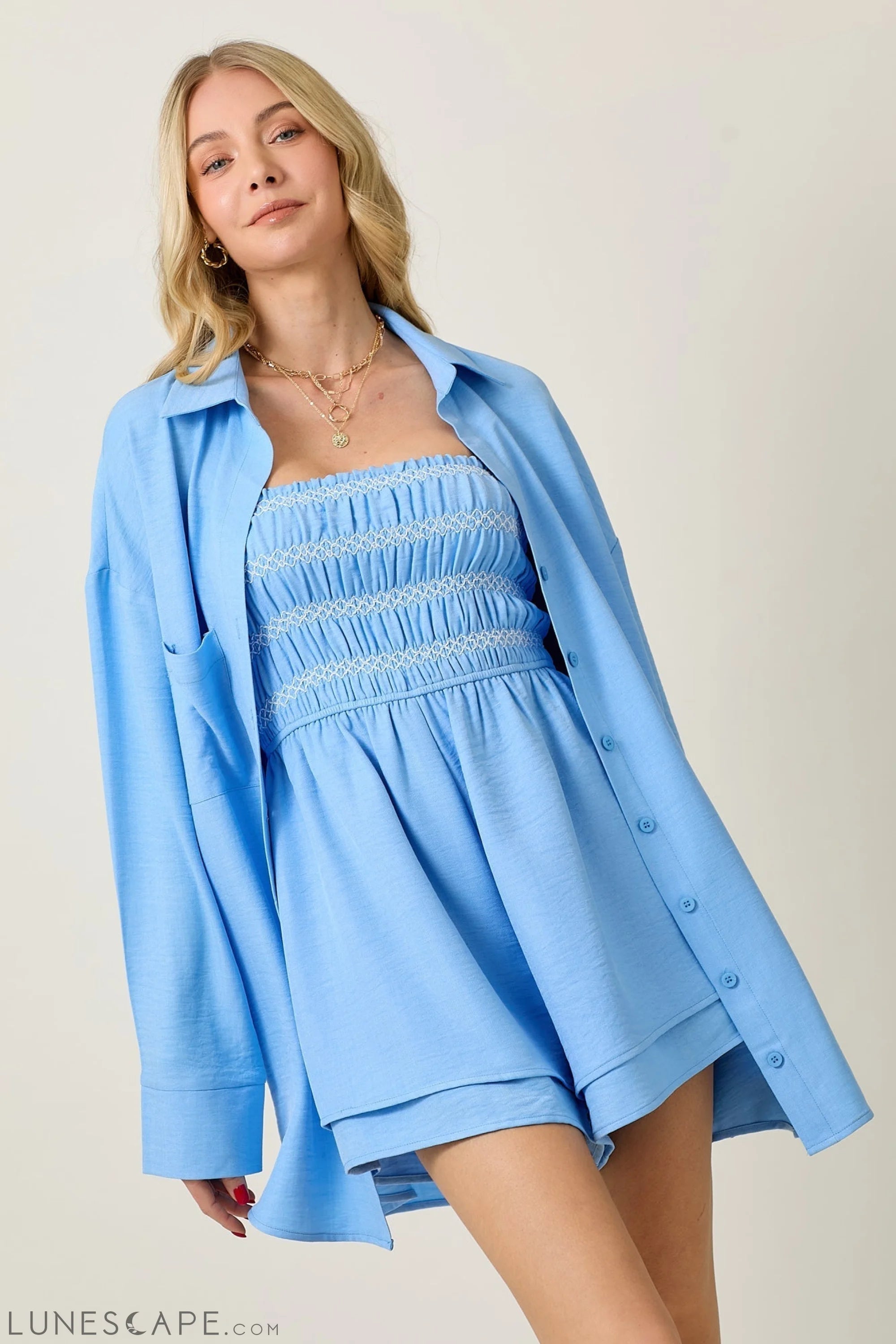 Long Sleeve Top and Contrast Smocked Romper Set LUNESCAPE