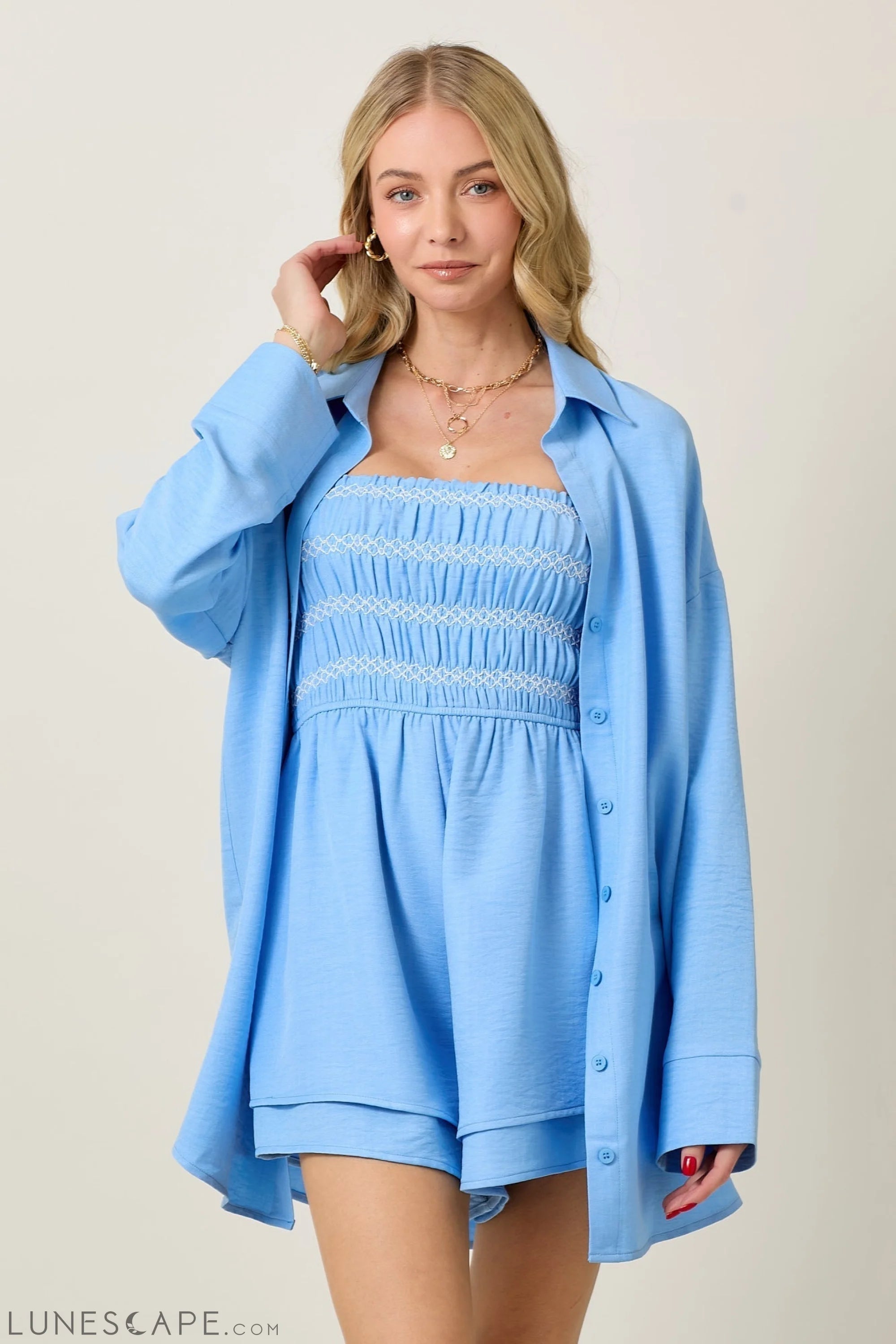 Long Sleeve Top and Contrast Smocked Romper Set LUNESCAPE