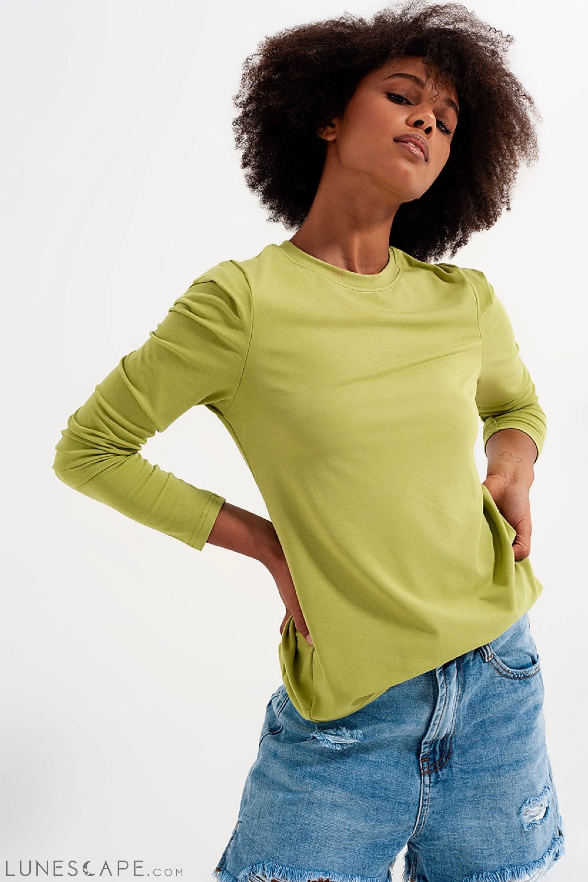 Long Sleeve Top With Shoulder Detail in Green LUNESCAPE