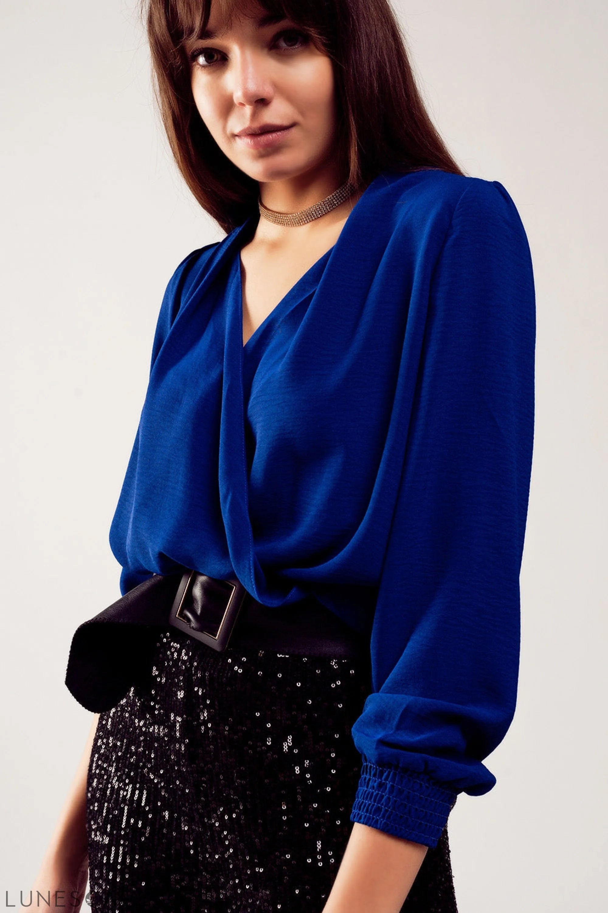 Long Sleeved Wrap Satin Blouse in Blue LUNESCAPE