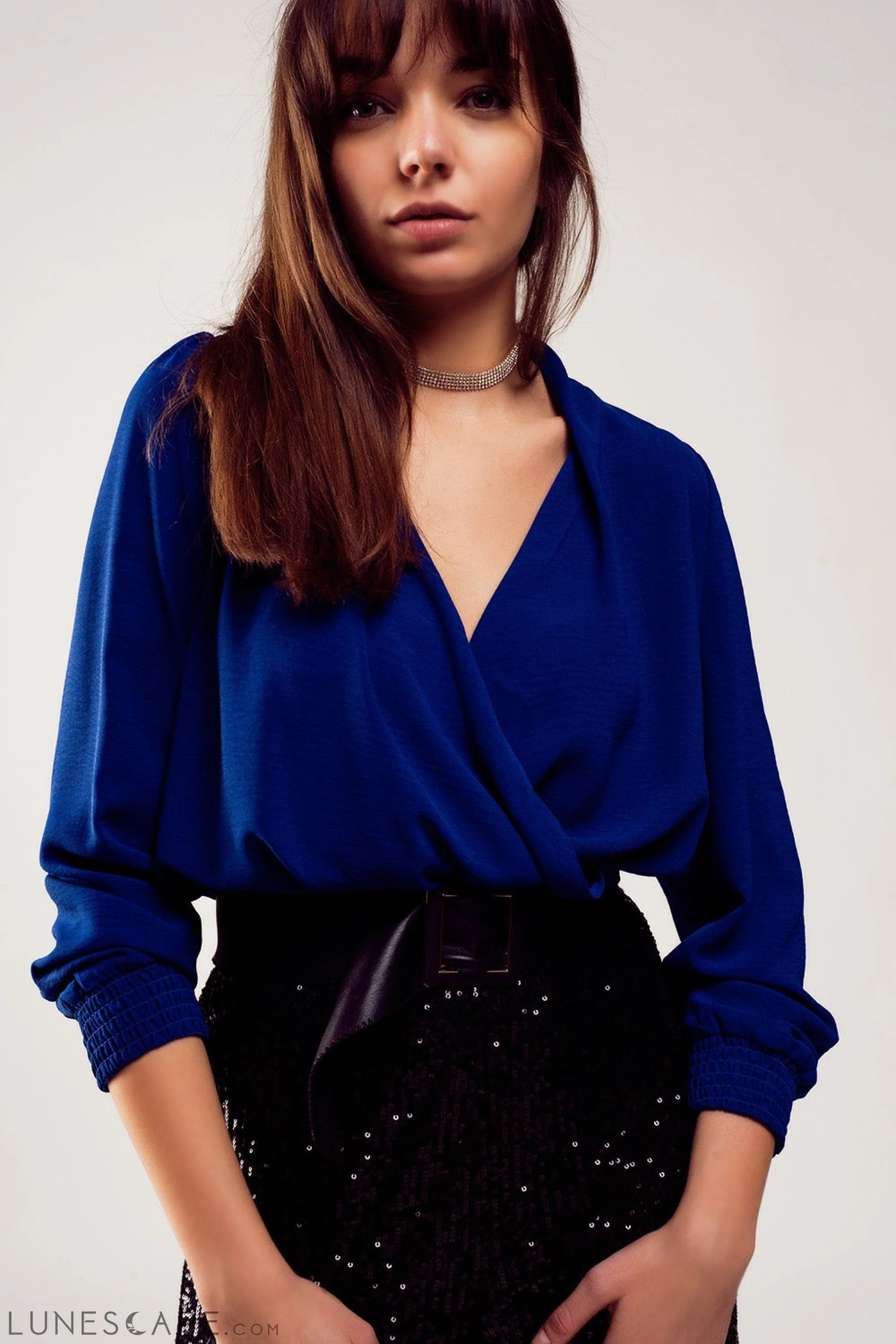 Long Sleeved Wrap Satin Blouse in Blue LUNESCAPE