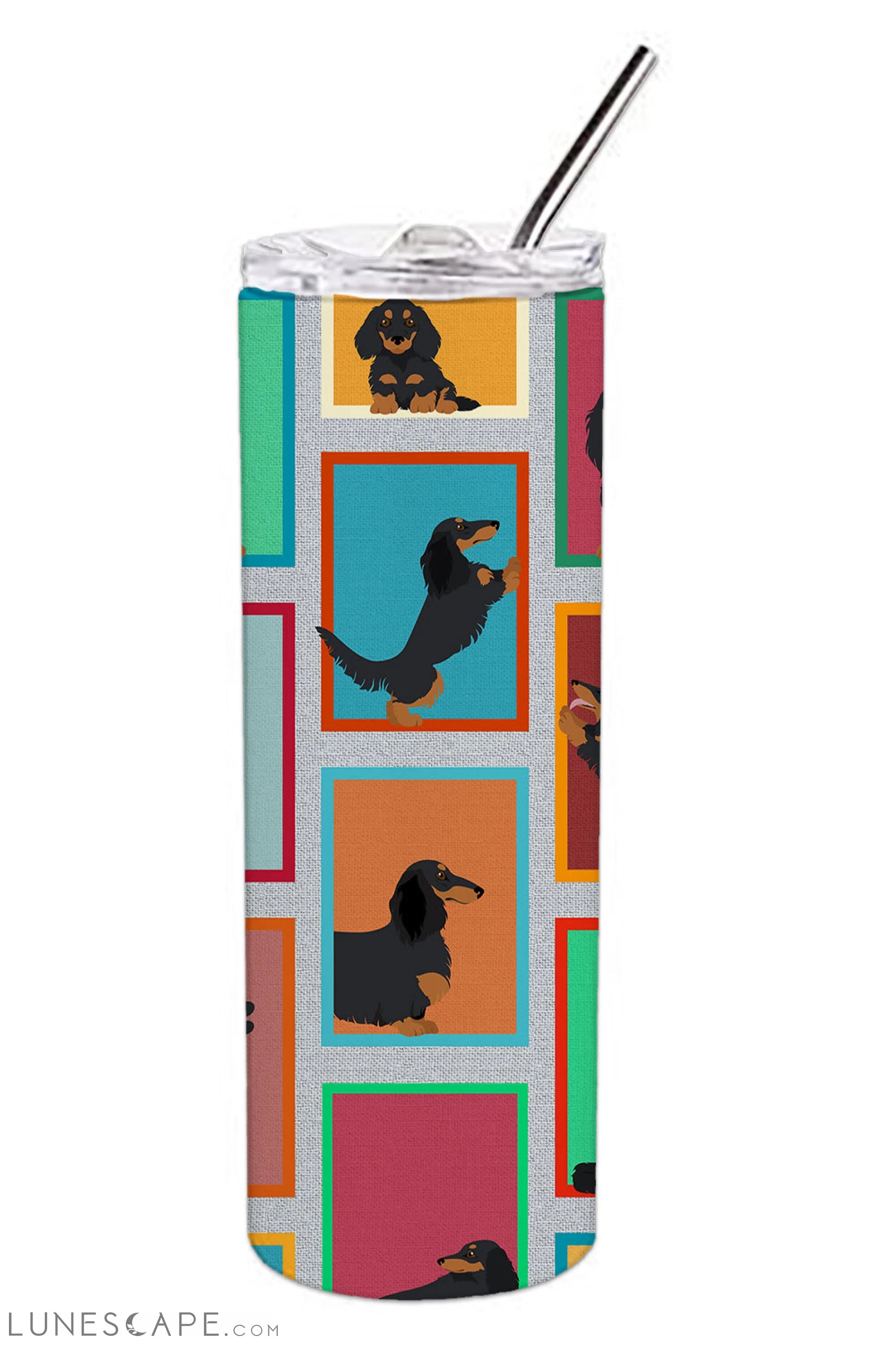 Longhaired Black Tan Dachshund Stainless Steel Tumbler Travel Mug LUNESCAPE