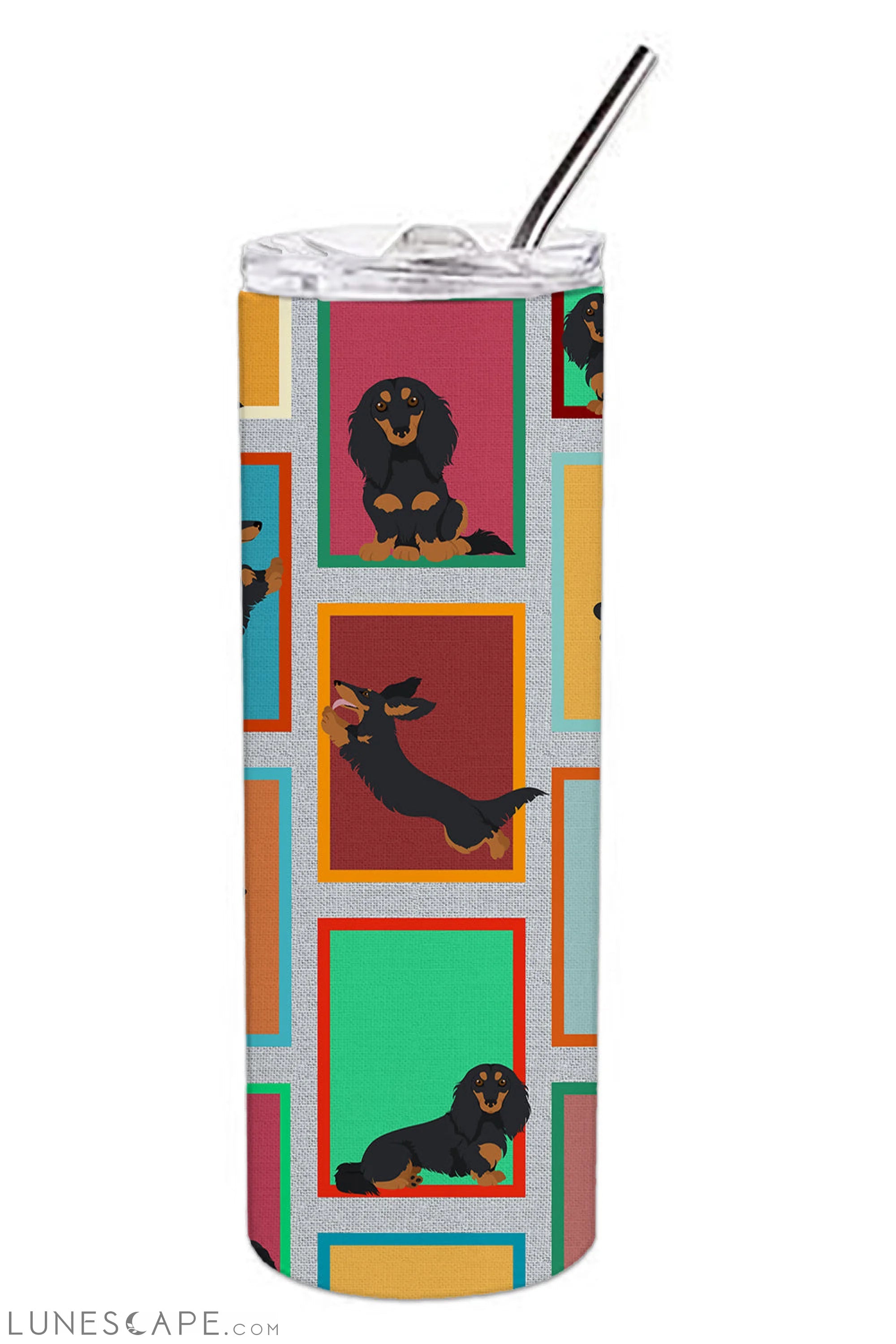 Longhaired Black Tan Dachshund Stainless Steel Tumbler Travel Mug LUNESCAPE
