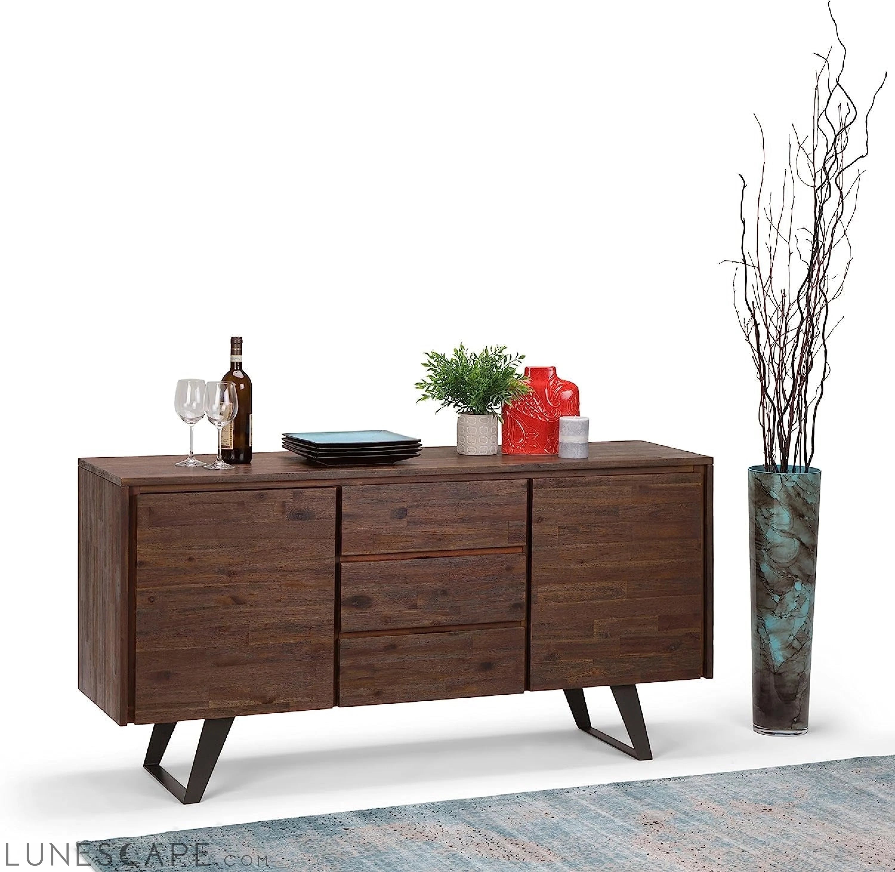 Lowry SOLID ACACIA WOOD 60 Inch Modern Industrial Sideboard Buffet and LUNESCAPE