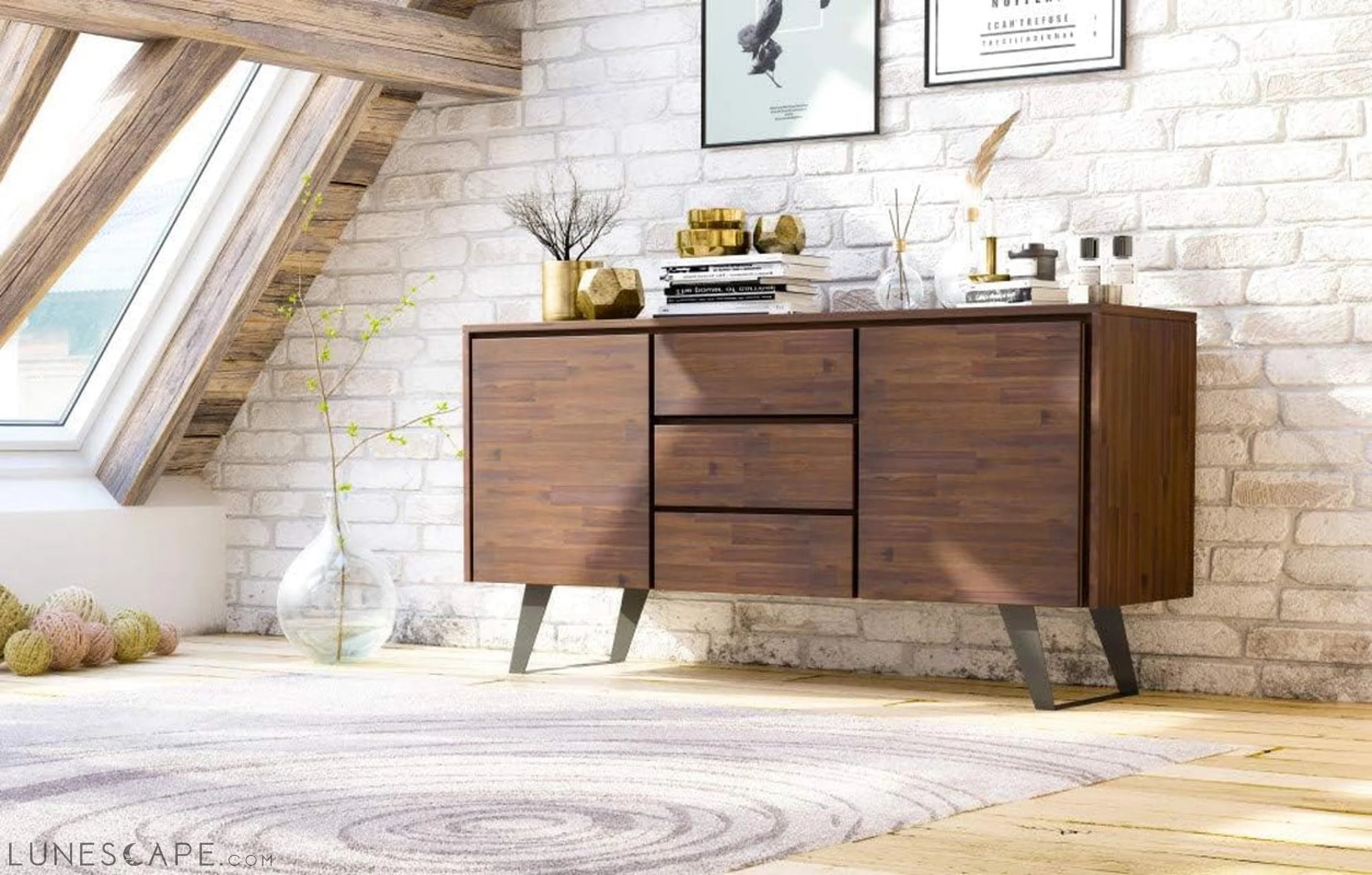 Lowry SOLID ACACIA WOOD 60 Inch Modern Industrial Sideboard Buffet and LUNESCAPE