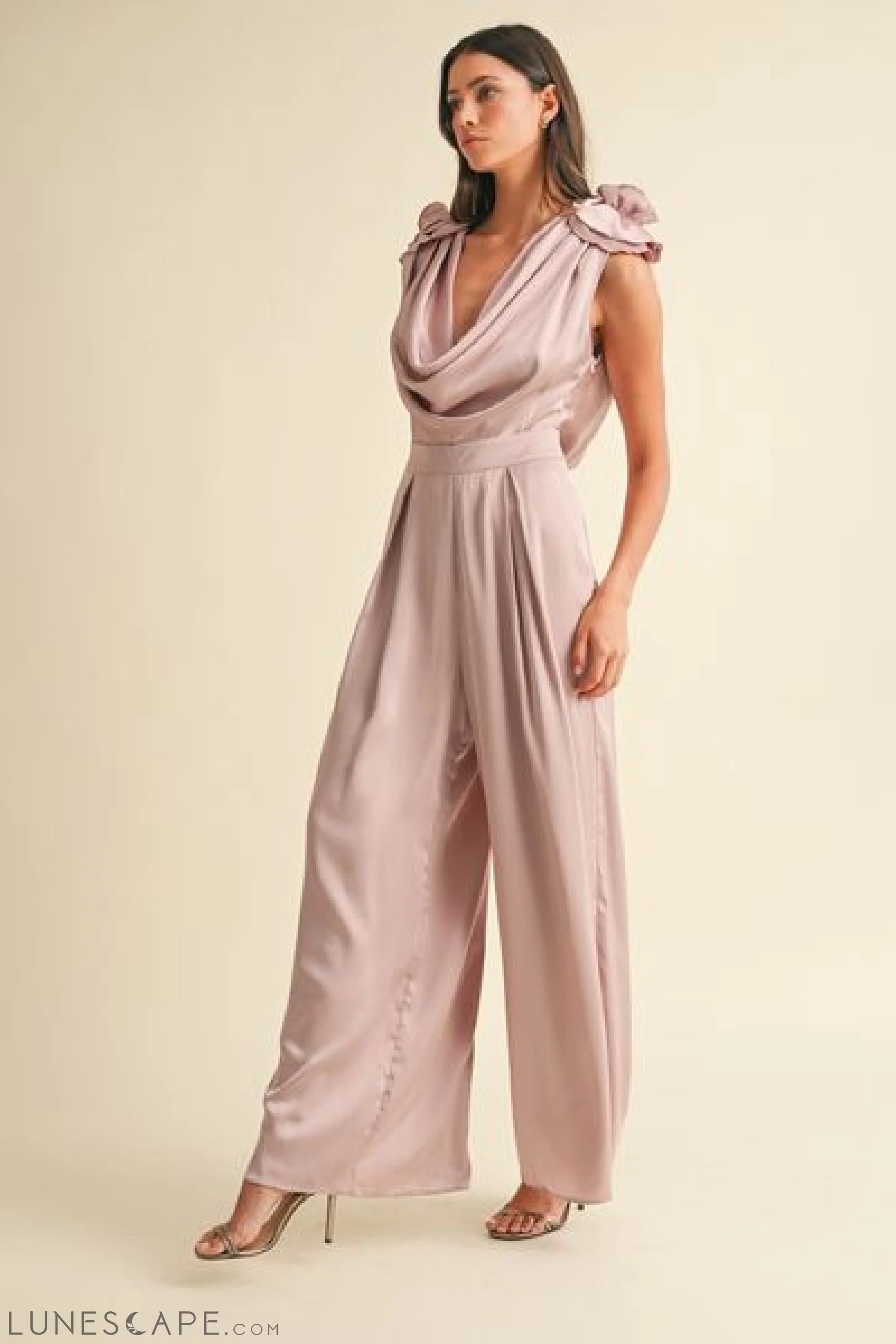 MABLE 3D Floral Applique Deep Cowl Neck Jumpsuit LUNESCAPE