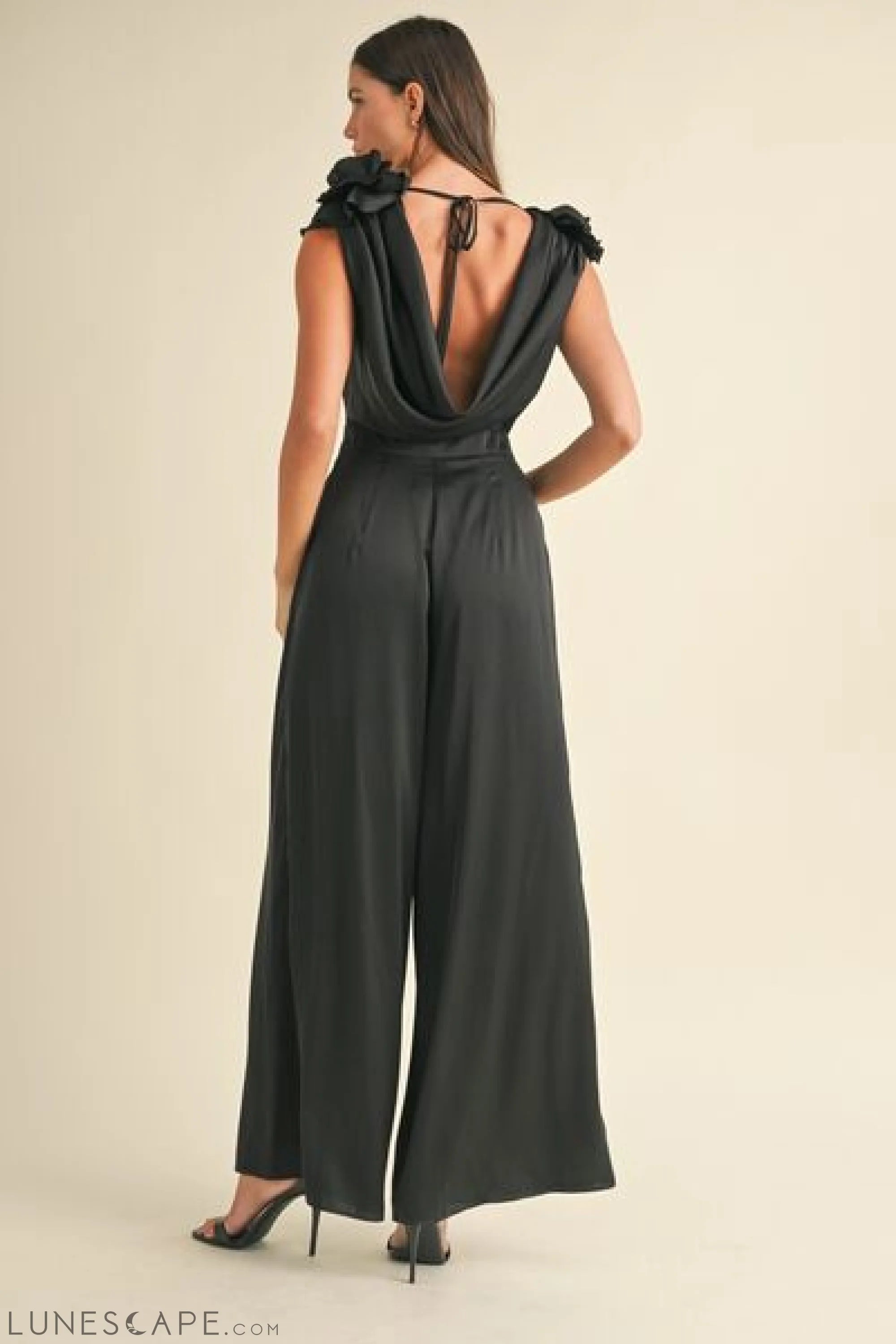MABLE 3D Floral Applique Deep Cowl Neck Jumpsuit LUNESCAPE