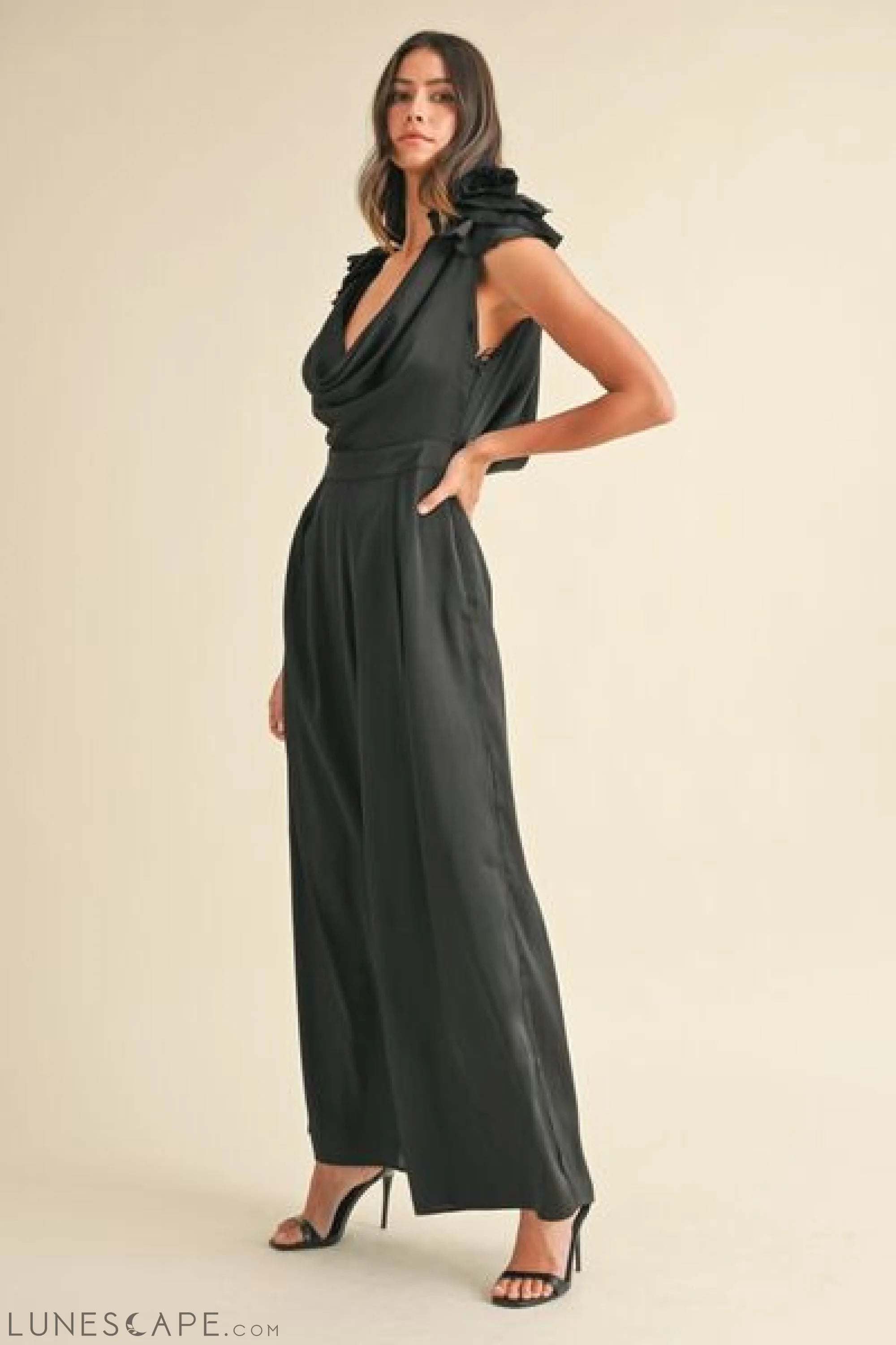 MABLE 3D Floral Applique Deep Cowl Neck Jumpsuit LUNESCAPE