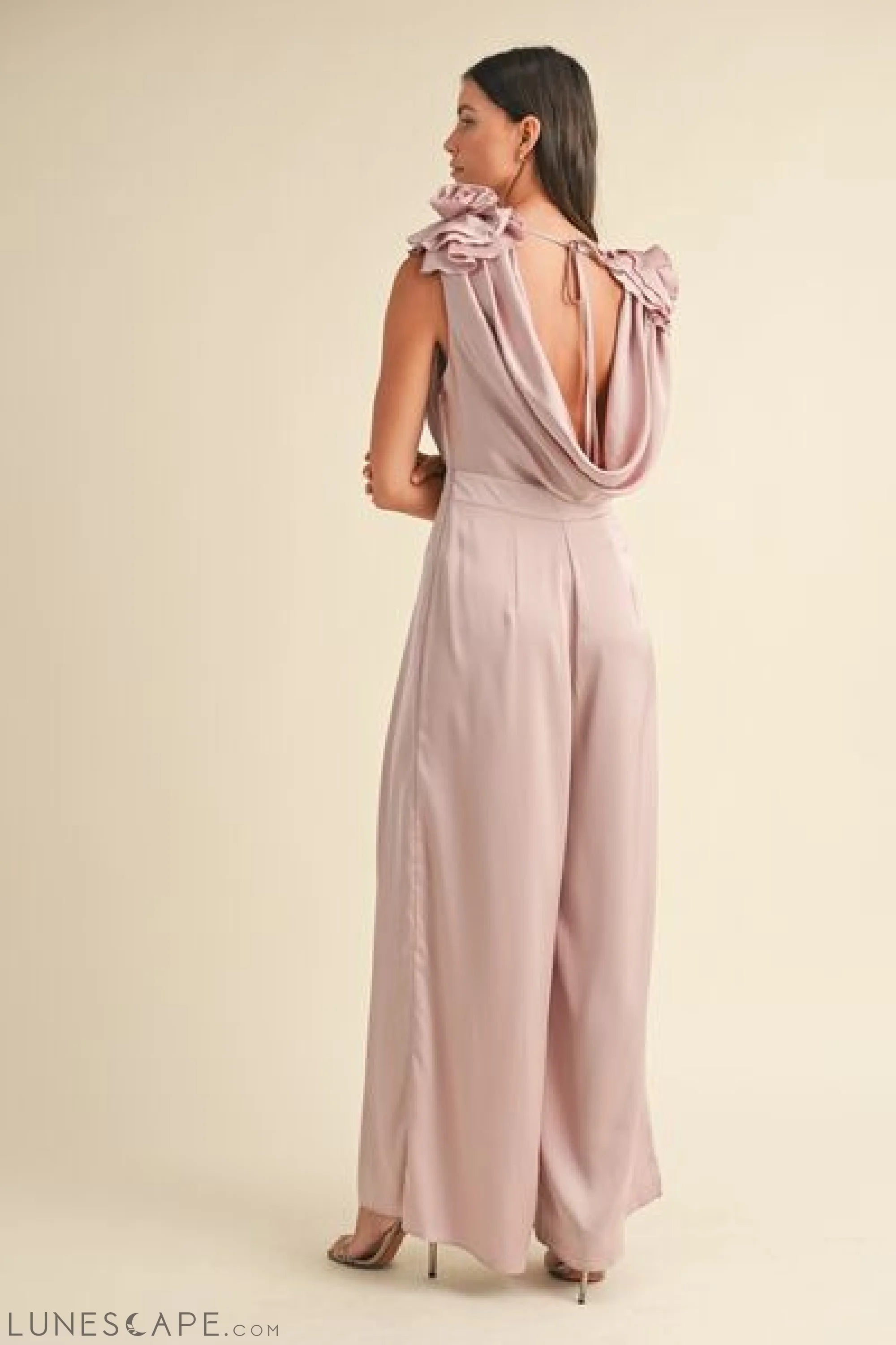 MABLE 3D Floral Applique Deep Cowl Neck Jumpsuit LUNESCAPE