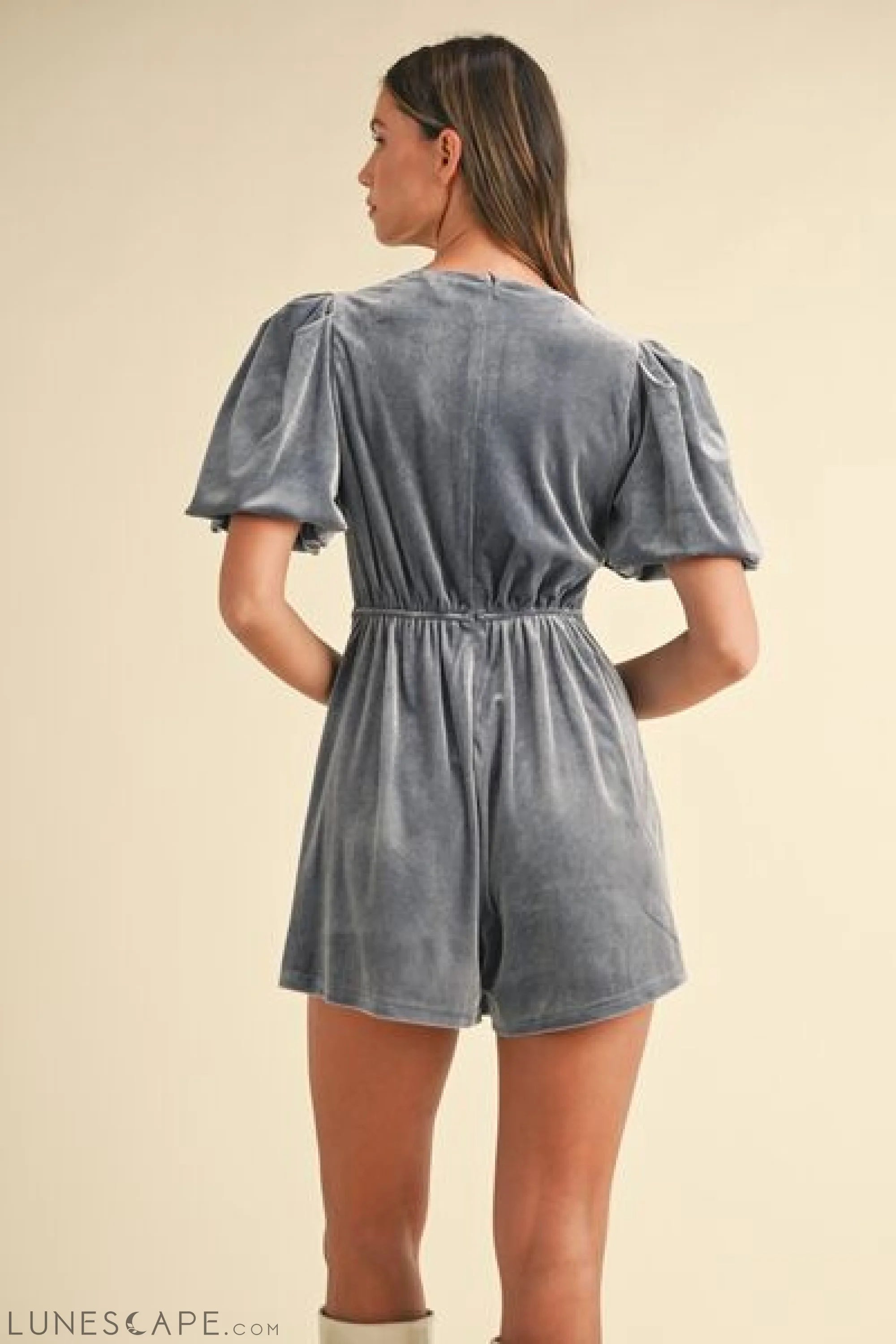 Mable Jewel Bow Decor Puff Sleeve Velvet Romper LUNESCAPE