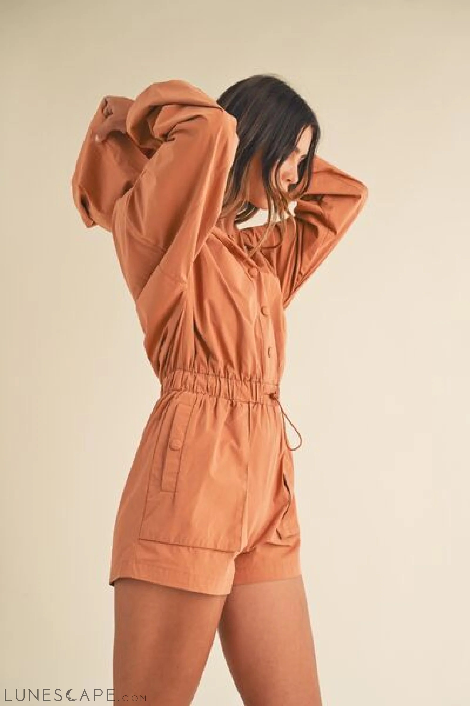 Mable Snap Down Long Sleeve Hooded Romper LUNESCAPE