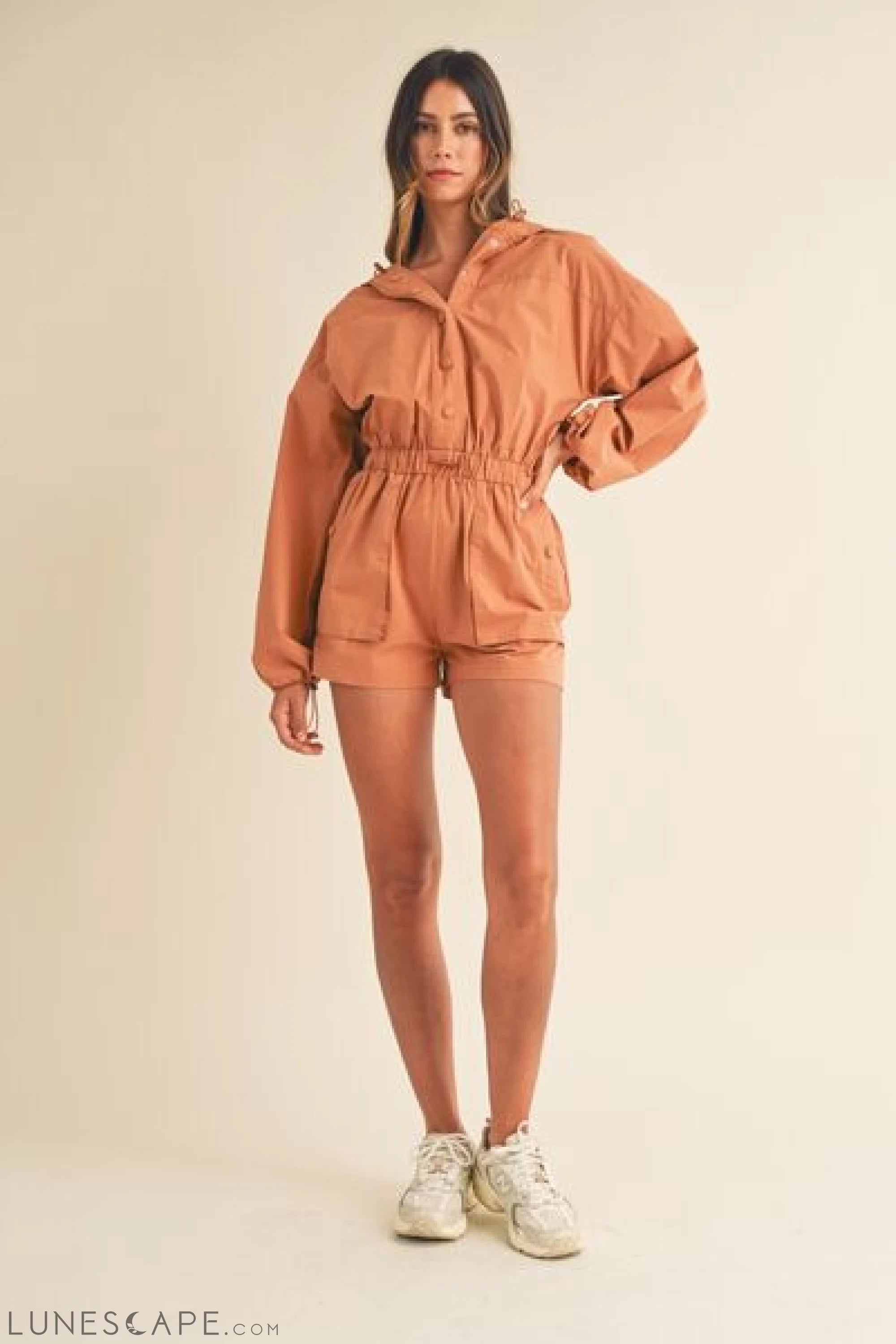 Mable Snap Down Long Sleeve Hooded Romper LUNESCAPE