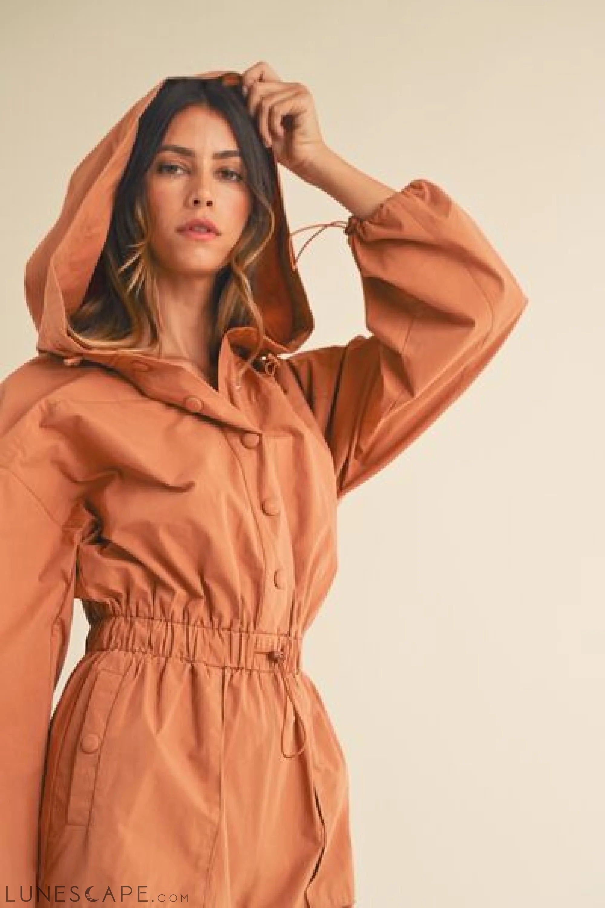 Mable Snap Down Long Sleeve Hooded Romper LUNESCAPE