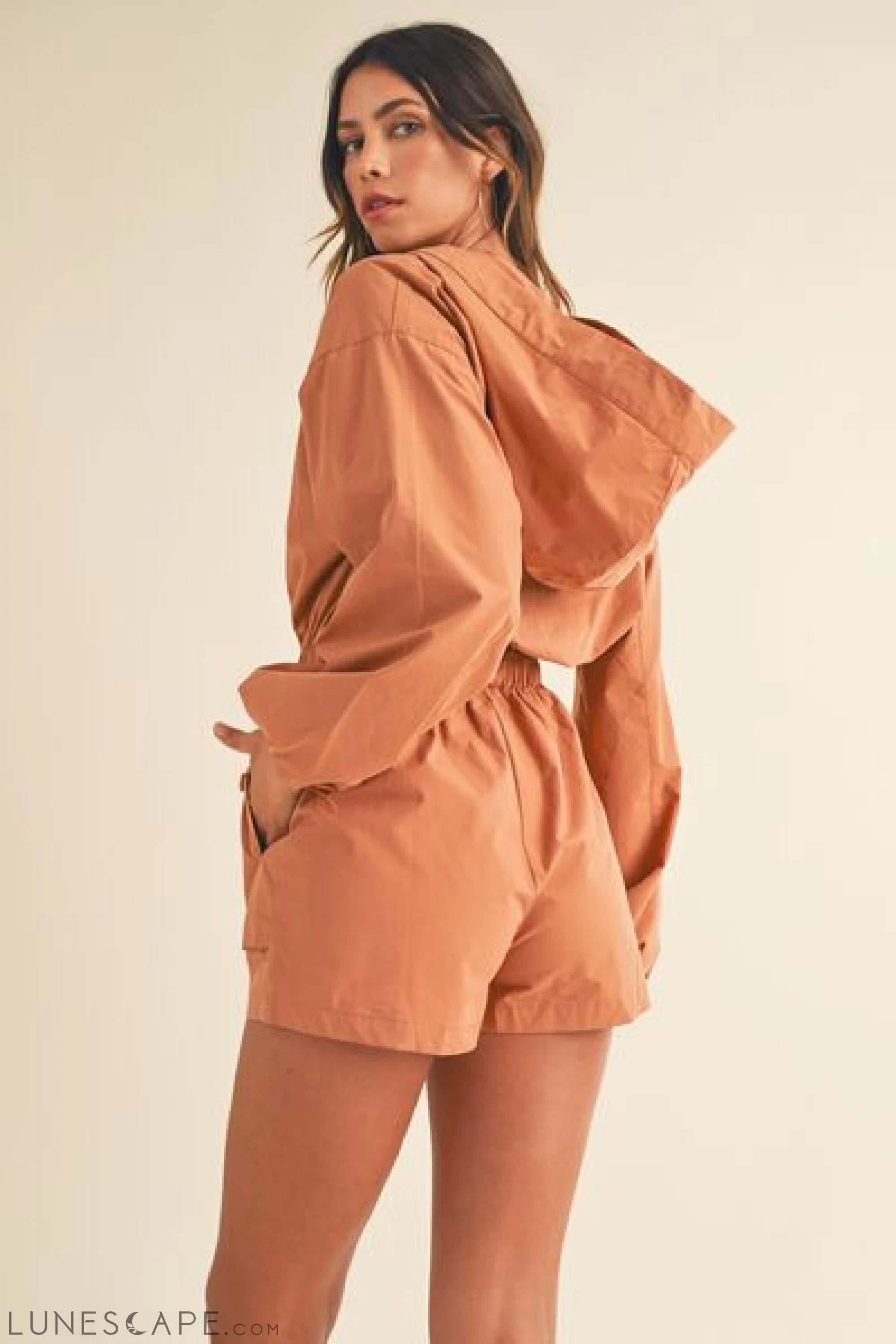 Mable Snap Down Long Sleeve Hooded Romper LUNESCAPE