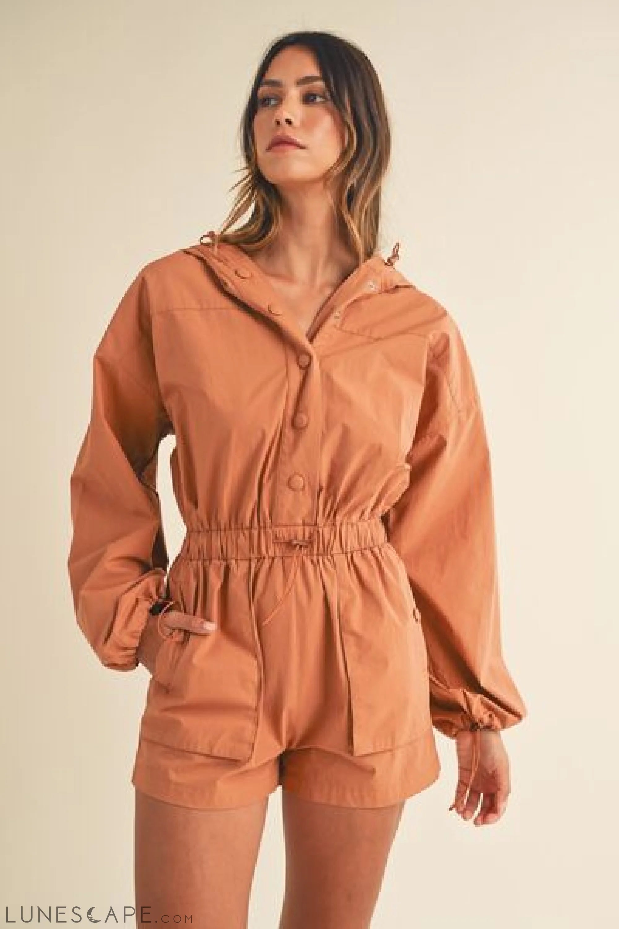 Mable Snap Down Long Sleeve Hooded Romper LUNESCAPE