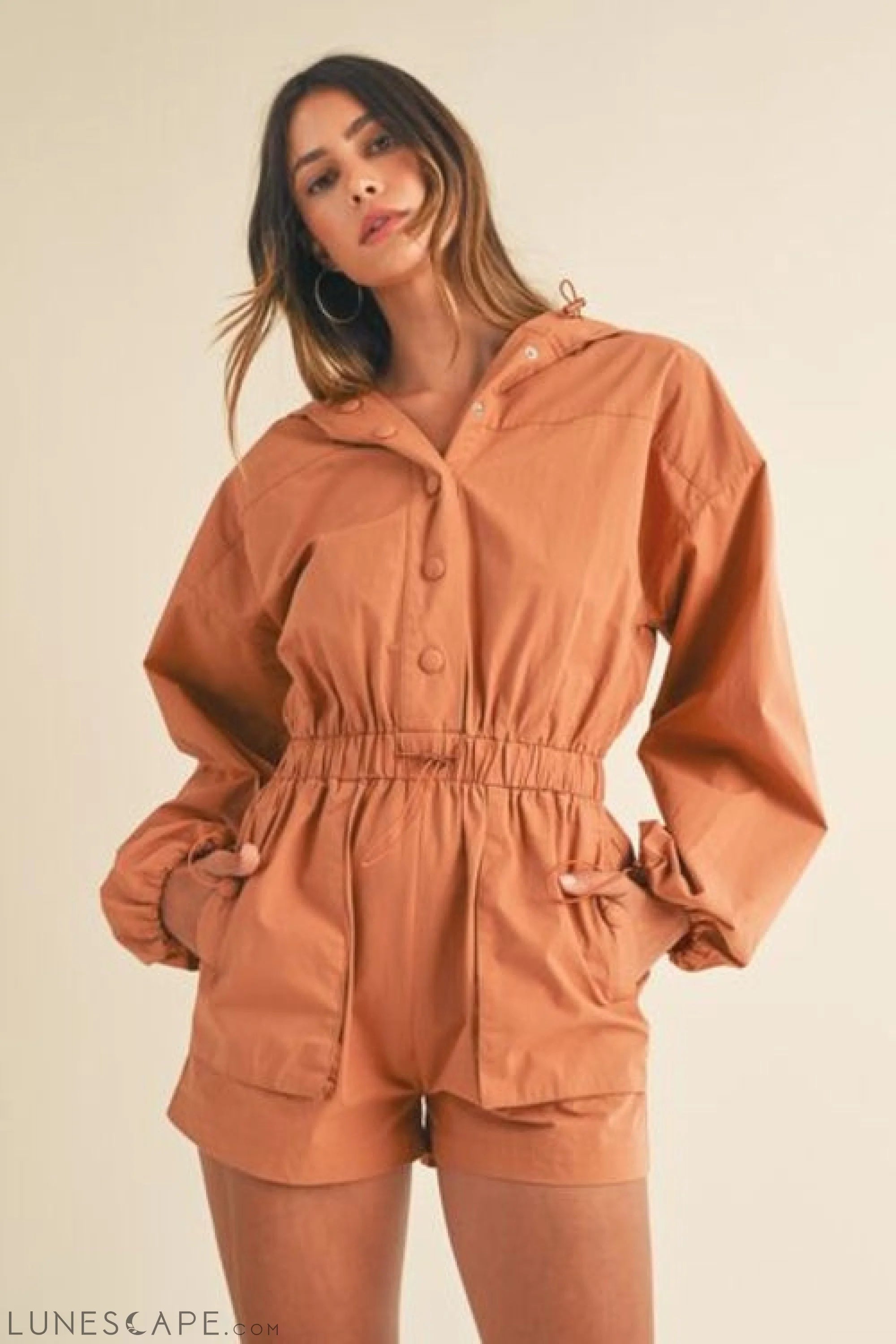 Mable Snap Down Long Sleeve Hooded Romper LUNESCAPE