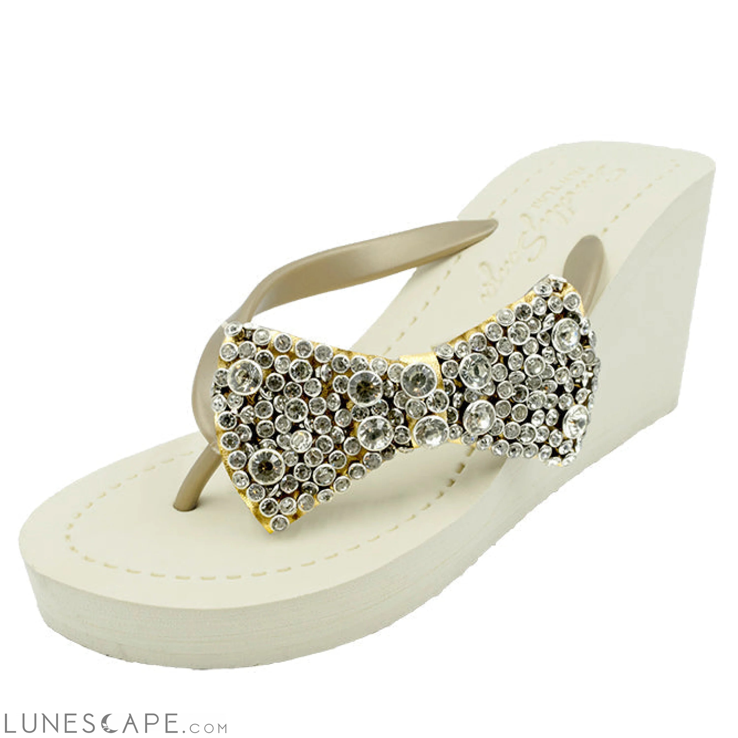 Madison Bow-  Crystal Stones Embellished Women's High Wedge Flip Flops Sandal LUNESCAPE