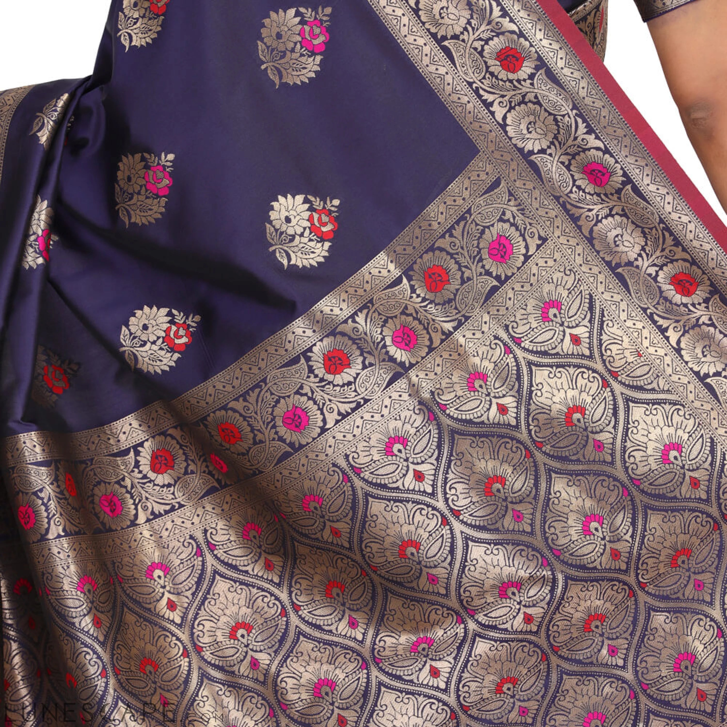 Malai Silk Banarasi Saree With Meena Booti - Navy Blue LUNESCAPE