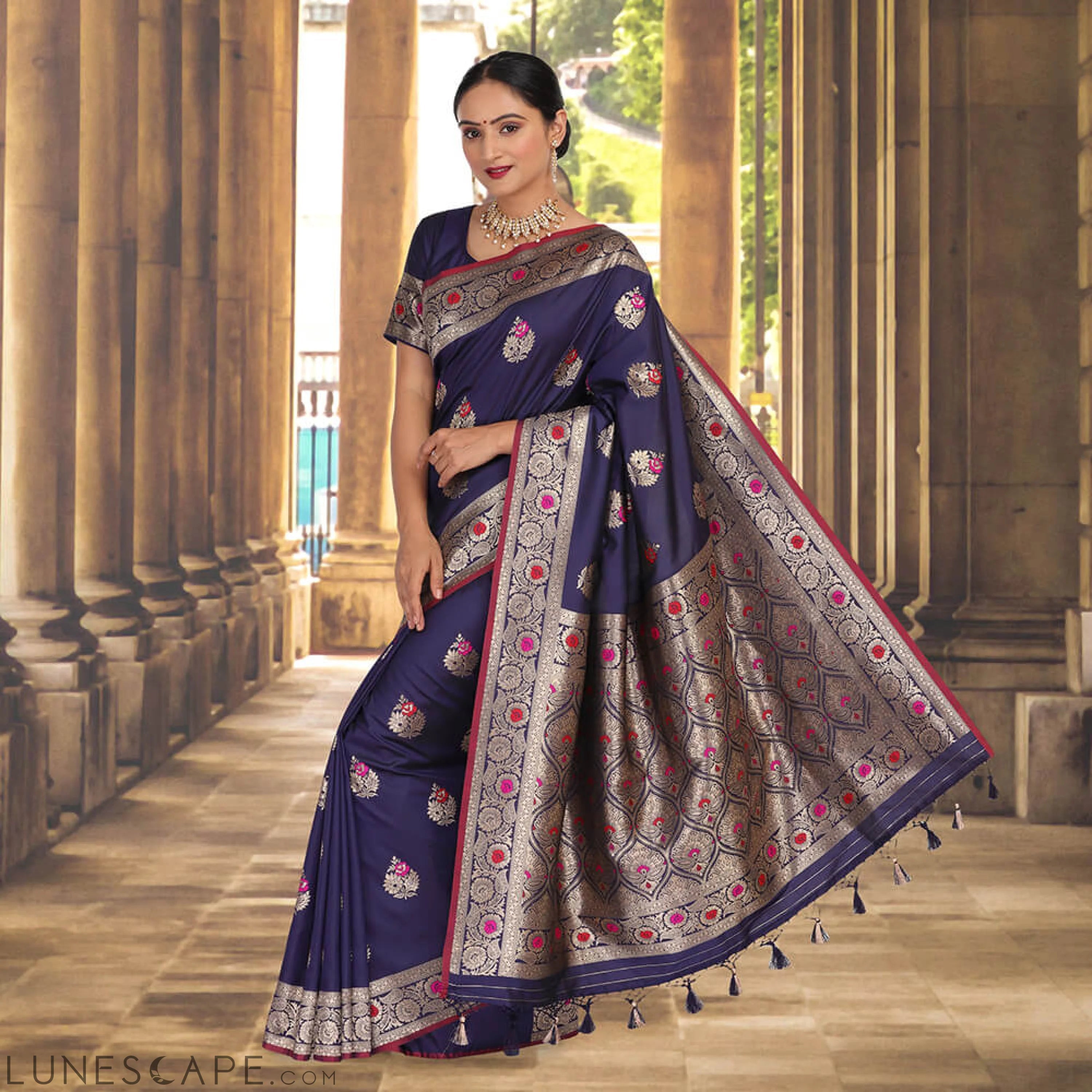 Malai Silk Banarasi Saree With Meena Booti - Navy Blue LUNESCAPE