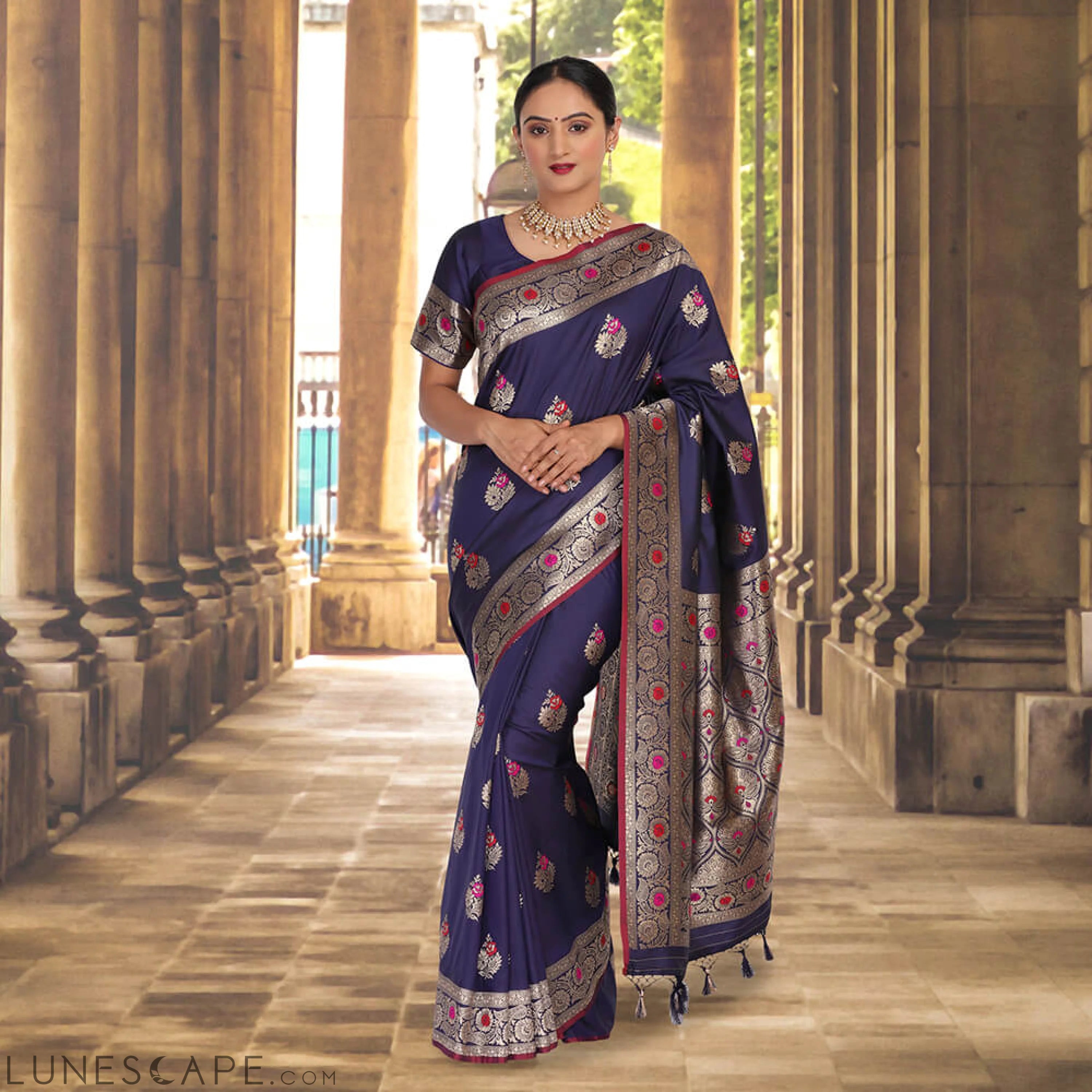 Malai Silk Banarasi Saree With Meena Booti - Navy Blue LUNESCAPE