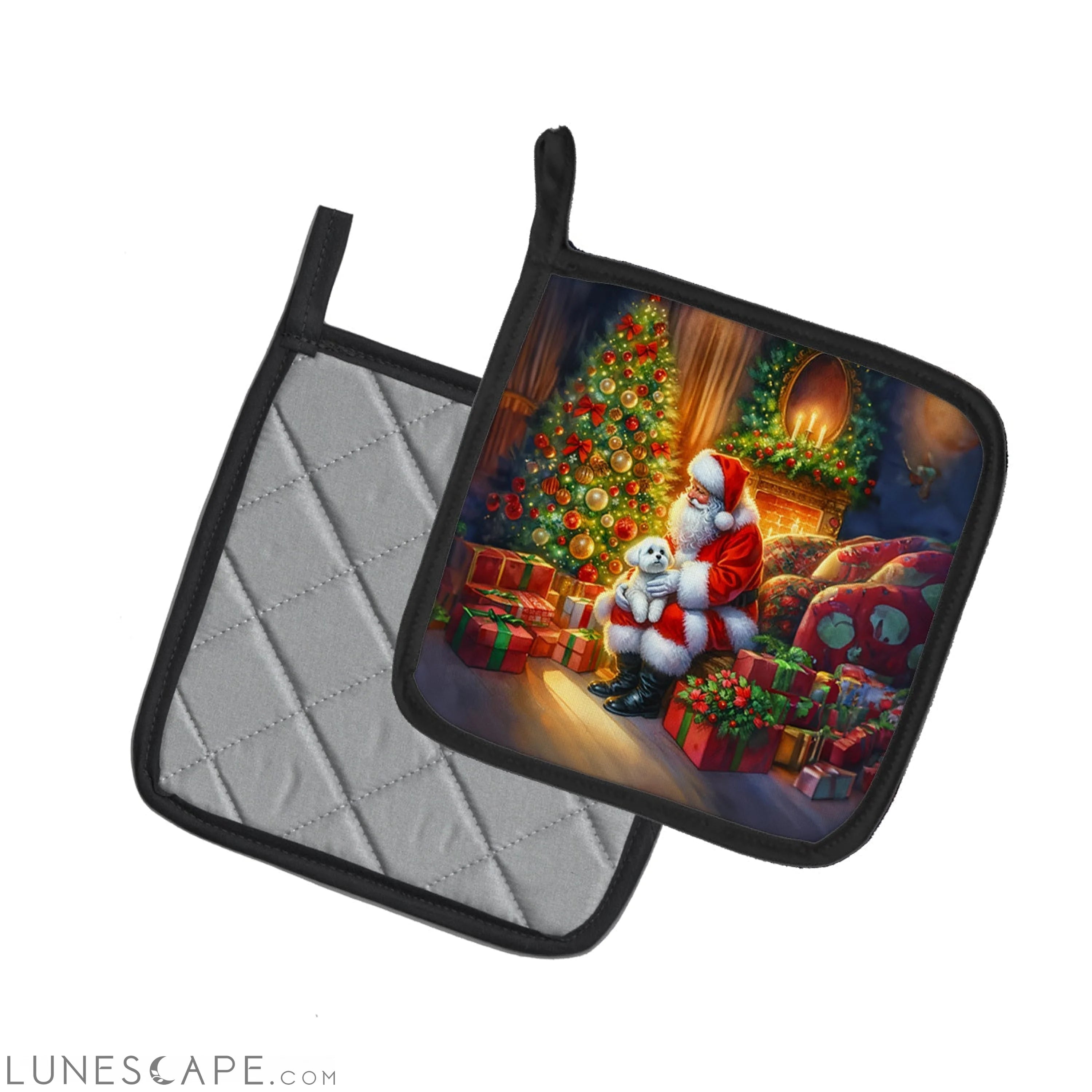 Maltese and Santa Claus Pair of Pot Holders LUNESCAPE