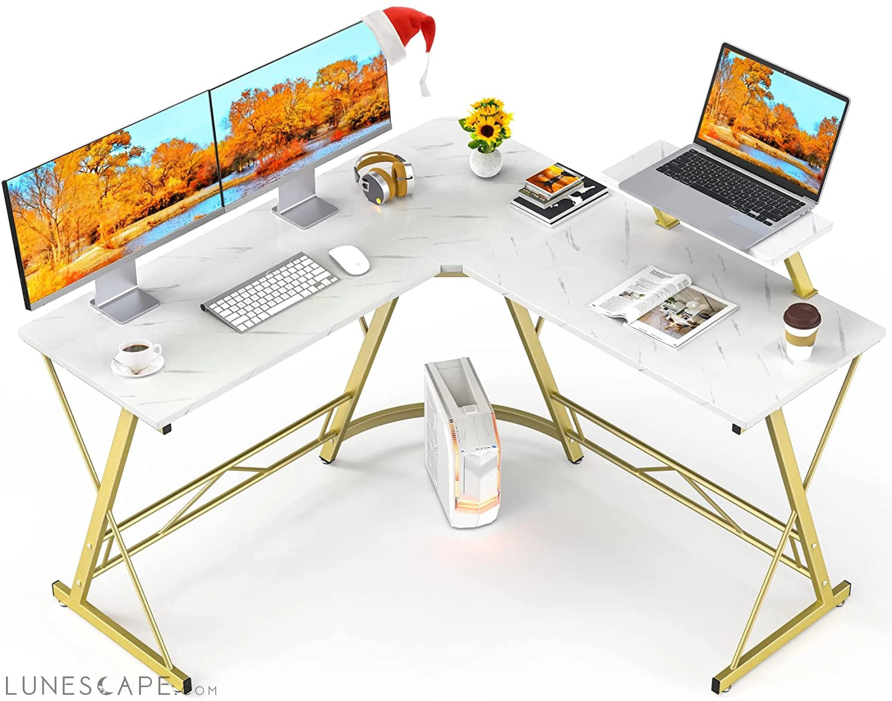 Marble Laminate L-Shaped Gaming Desk with Monitor Stand LUNESCAPE