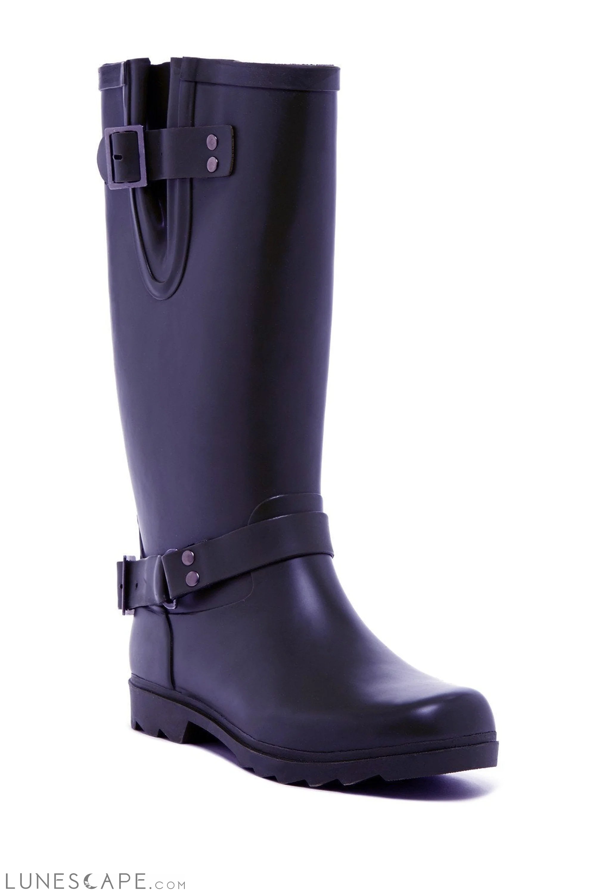 MARIENE Black Classic Flat Equestrian Rain Boot with Buckle Straps LUNESCAPE