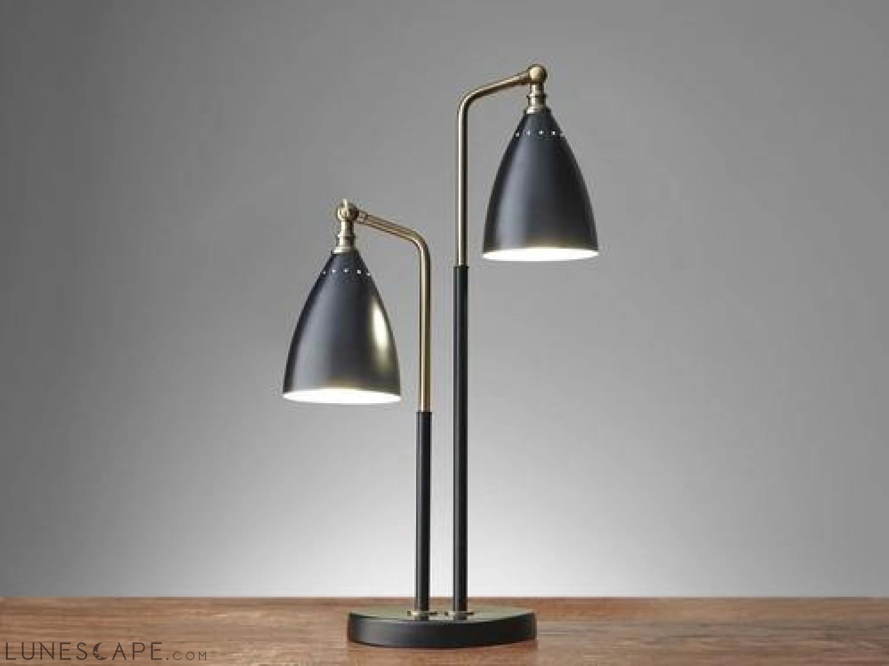 Matte Black Metal and Antique Brass Two Light Adjustable Table Lamp LUNESCAPE