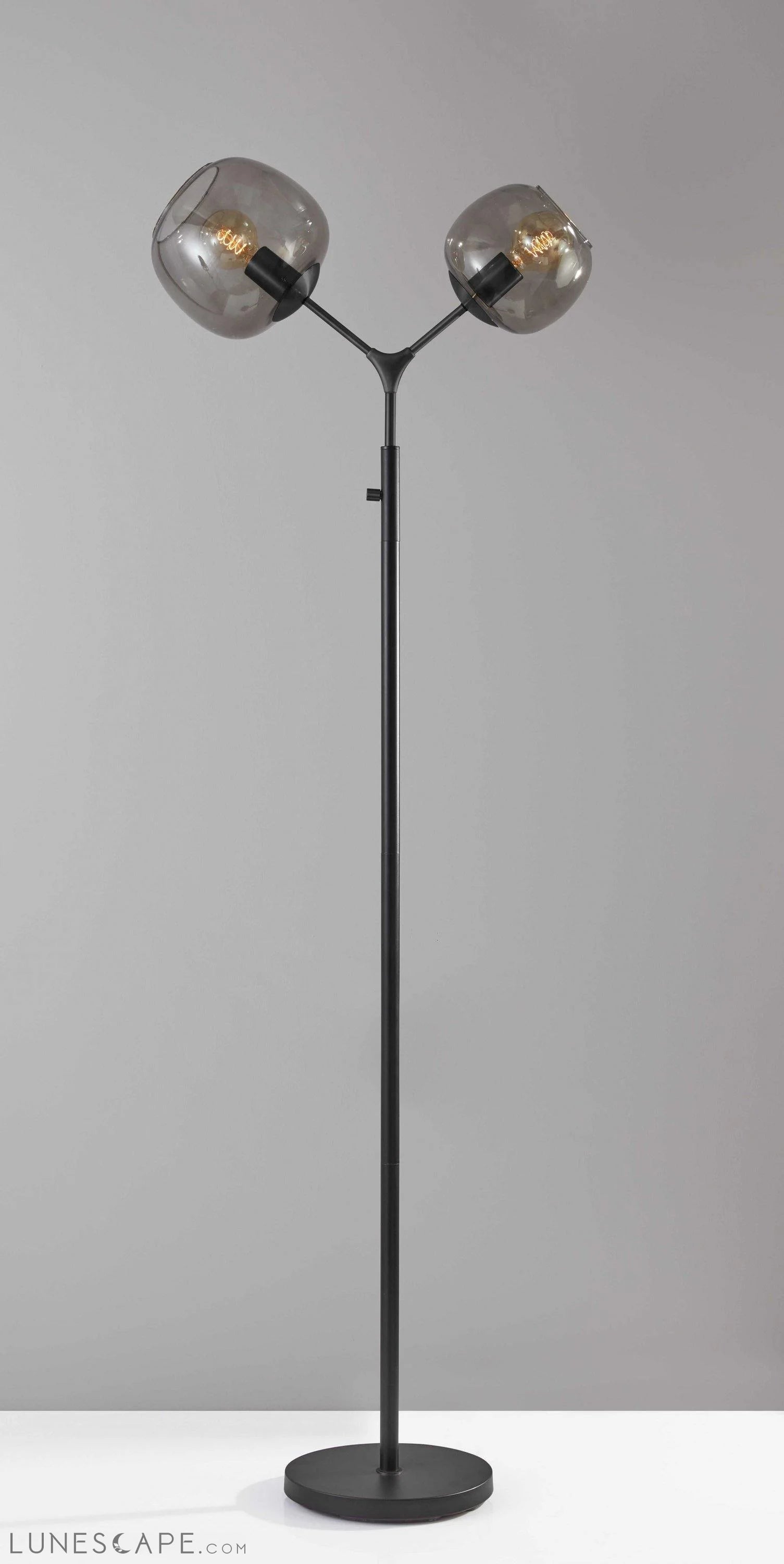 Matte Black Metal Floor Lamp with Two Smoked Glass Globe Shades LUNESCAPE
