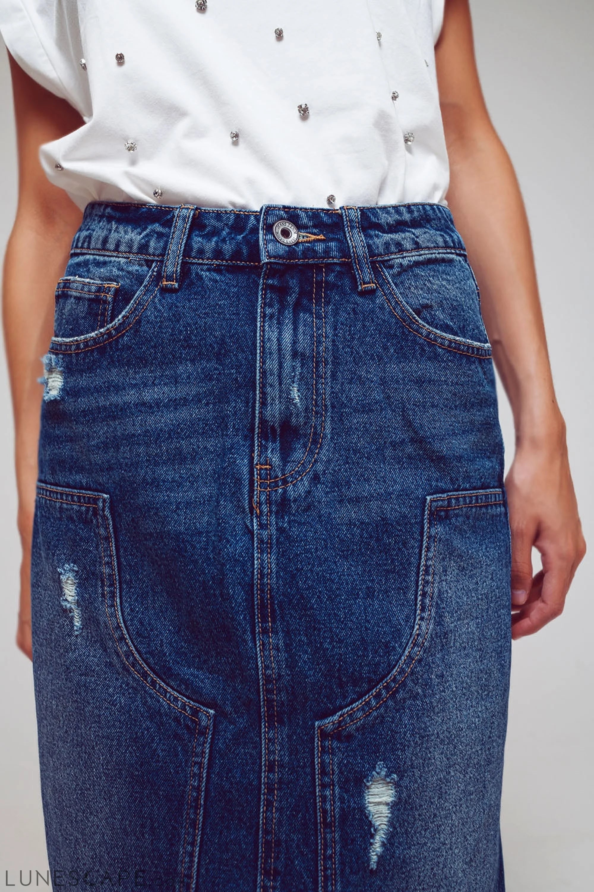 Maxi Pencil Denim Skirt With Panel Details in the Front LUNESCAPE