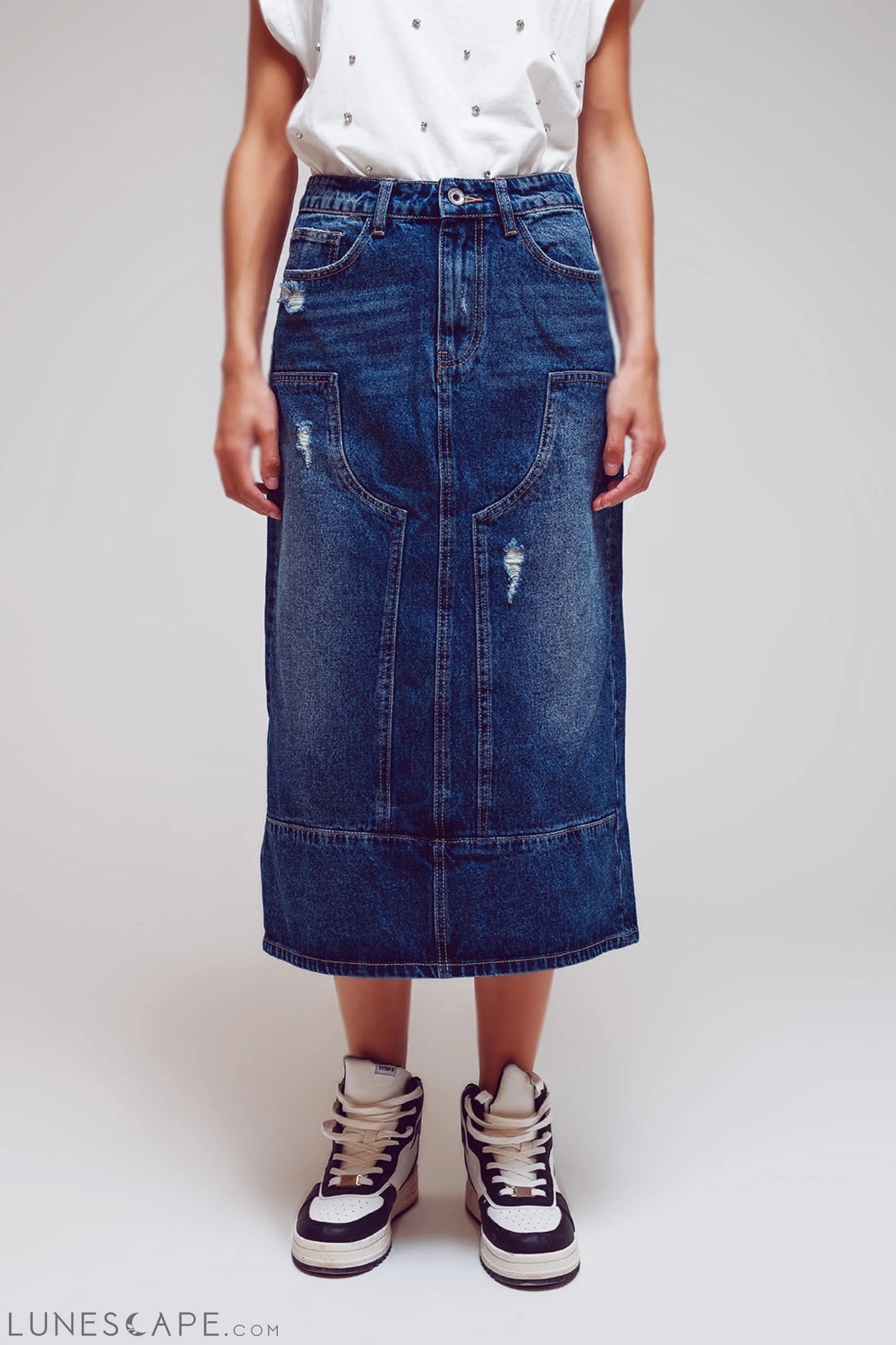 Maxi Pencil Denim Skirt With Panel Details in the Front LUNESCAPE