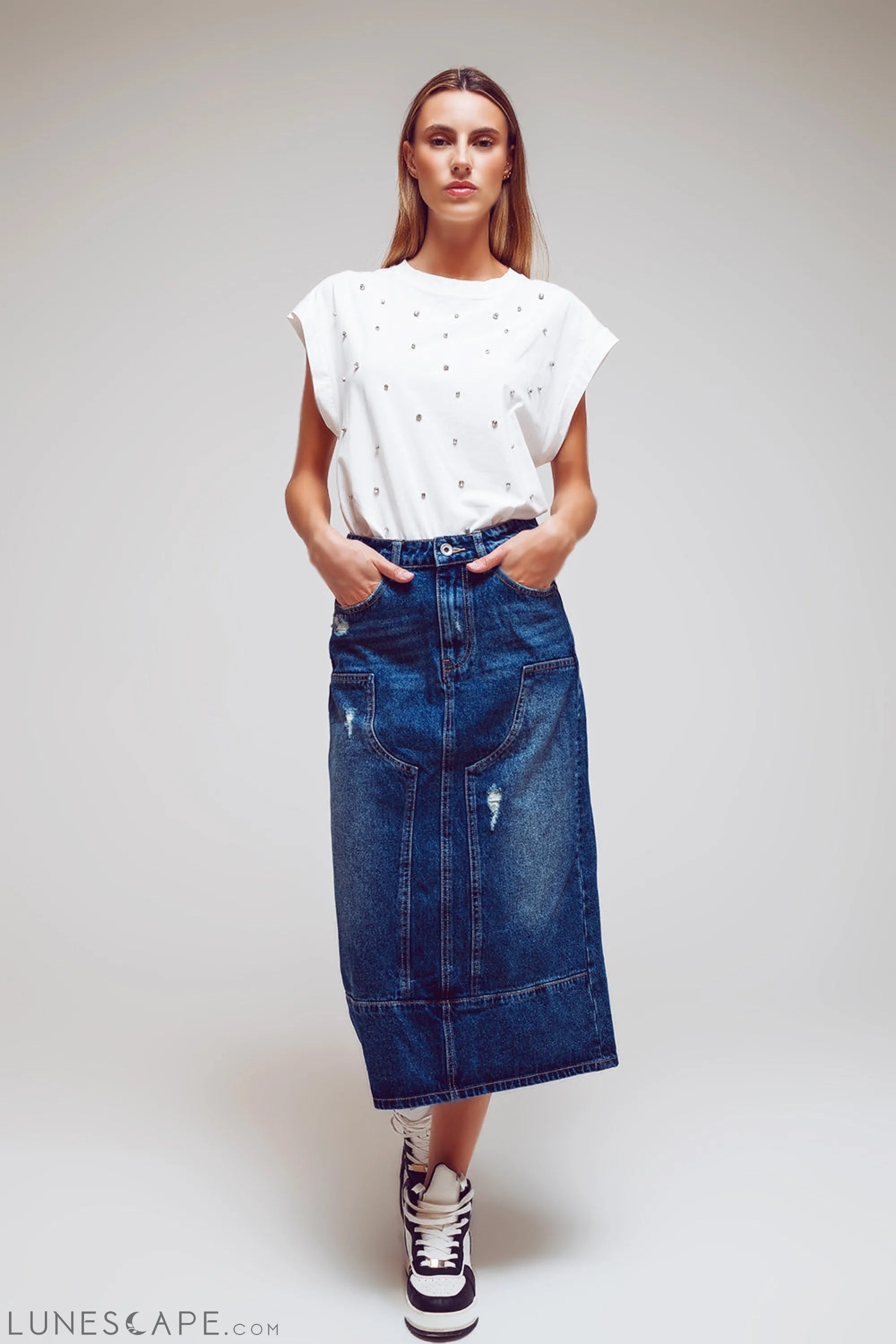 Maxi Pencil Denim Skirt With Panel Details in the Front LUNESCAPE