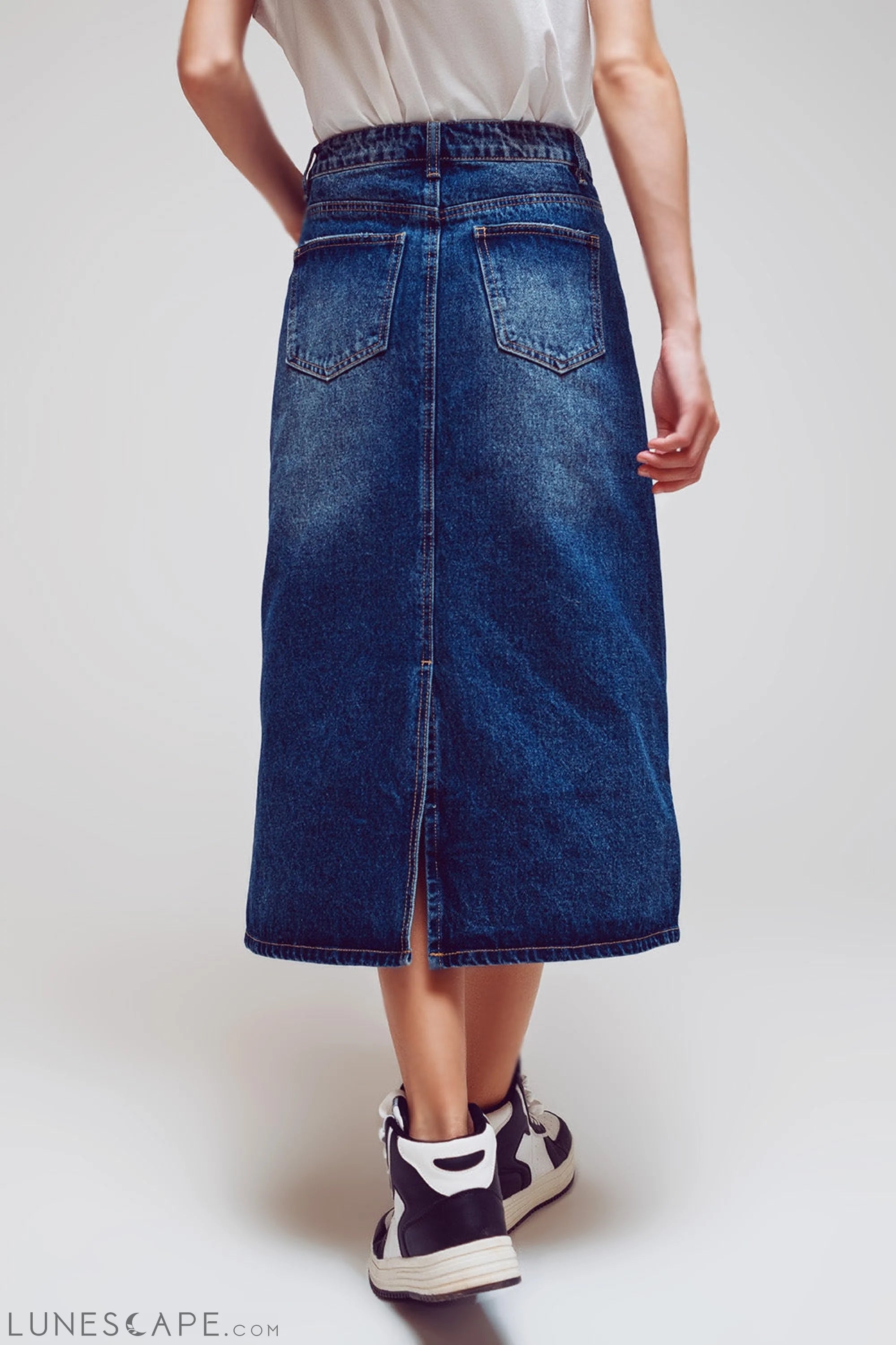 Maxi Pencil Denim Skirt With Panel Details in the Front LUNESCAPE