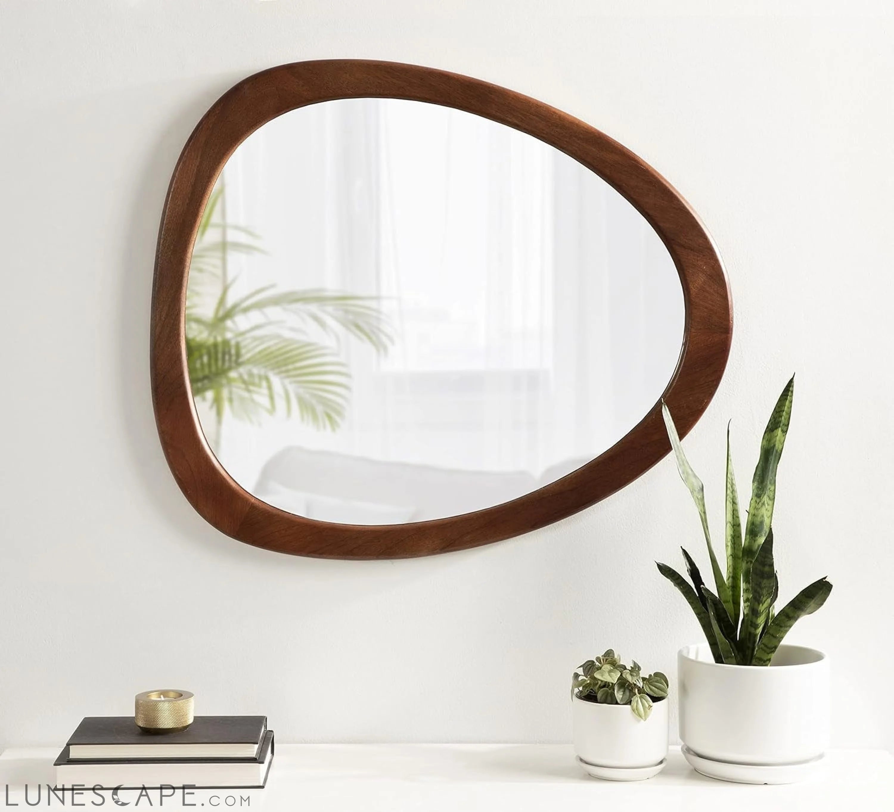 Mckinder Asymmetrical Wood Wall Mirror, 24 X 28, Walnut Brown, LUNESCAPE