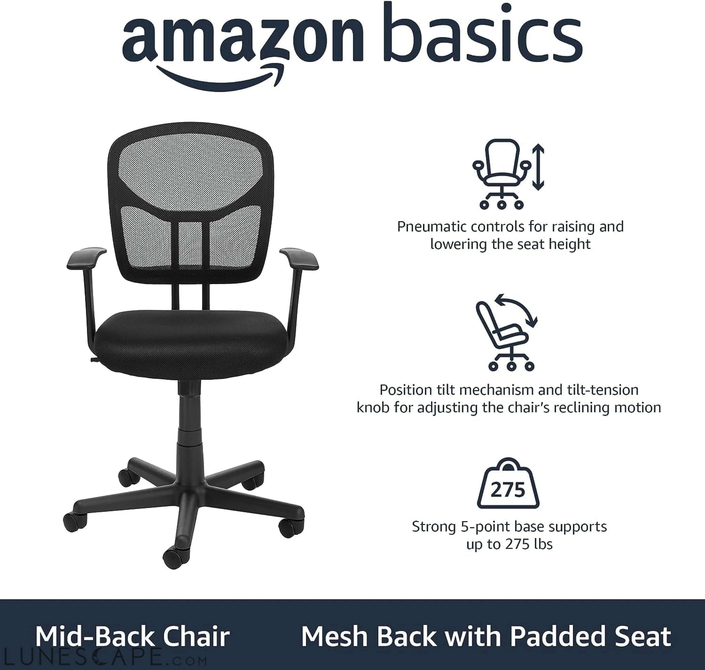 Mesh Mid-Back Adjustable-Height 360-Degree Swivel Office Desk Chair LUNESCAPE
